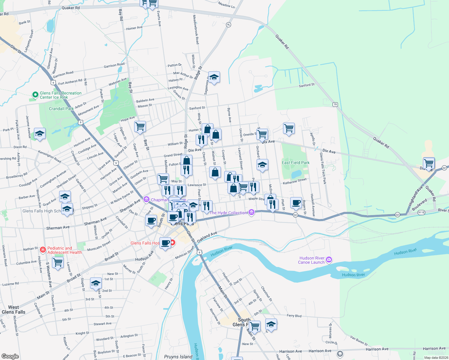 map of restaurants, bars, coffee shops, grocery stores, and more near 30 Cooper St in Glens Falls