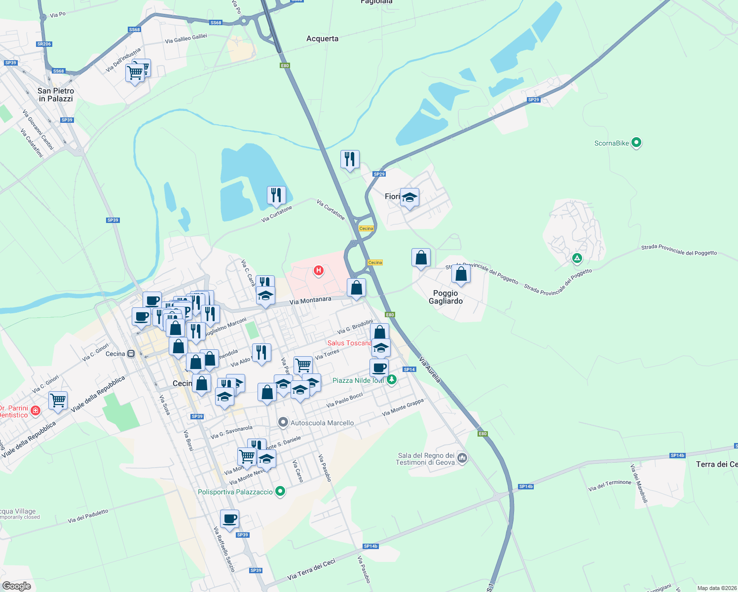 map of restaurants, bars, coffee shops, grocery stores, and more near 40 Via del Paratino in Provincia di Livorno