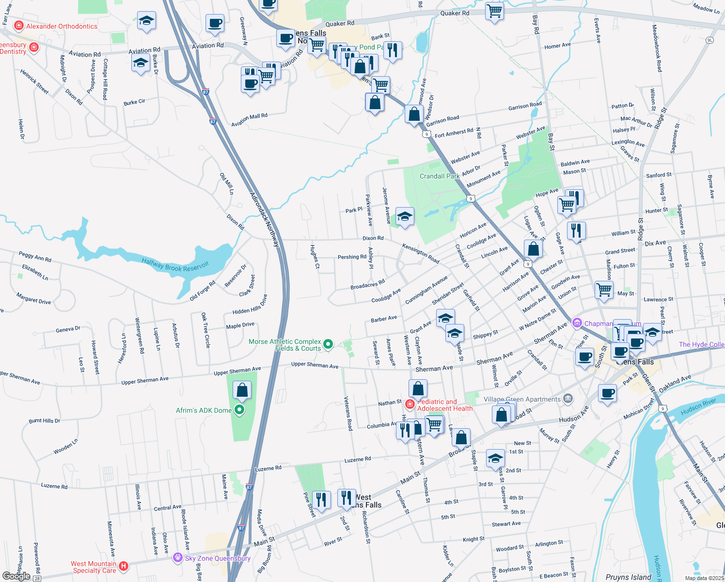 map of restaurants, bars, coffee shops, grocery stores, and more near 18 Broadacres Rd in West Glens Falls