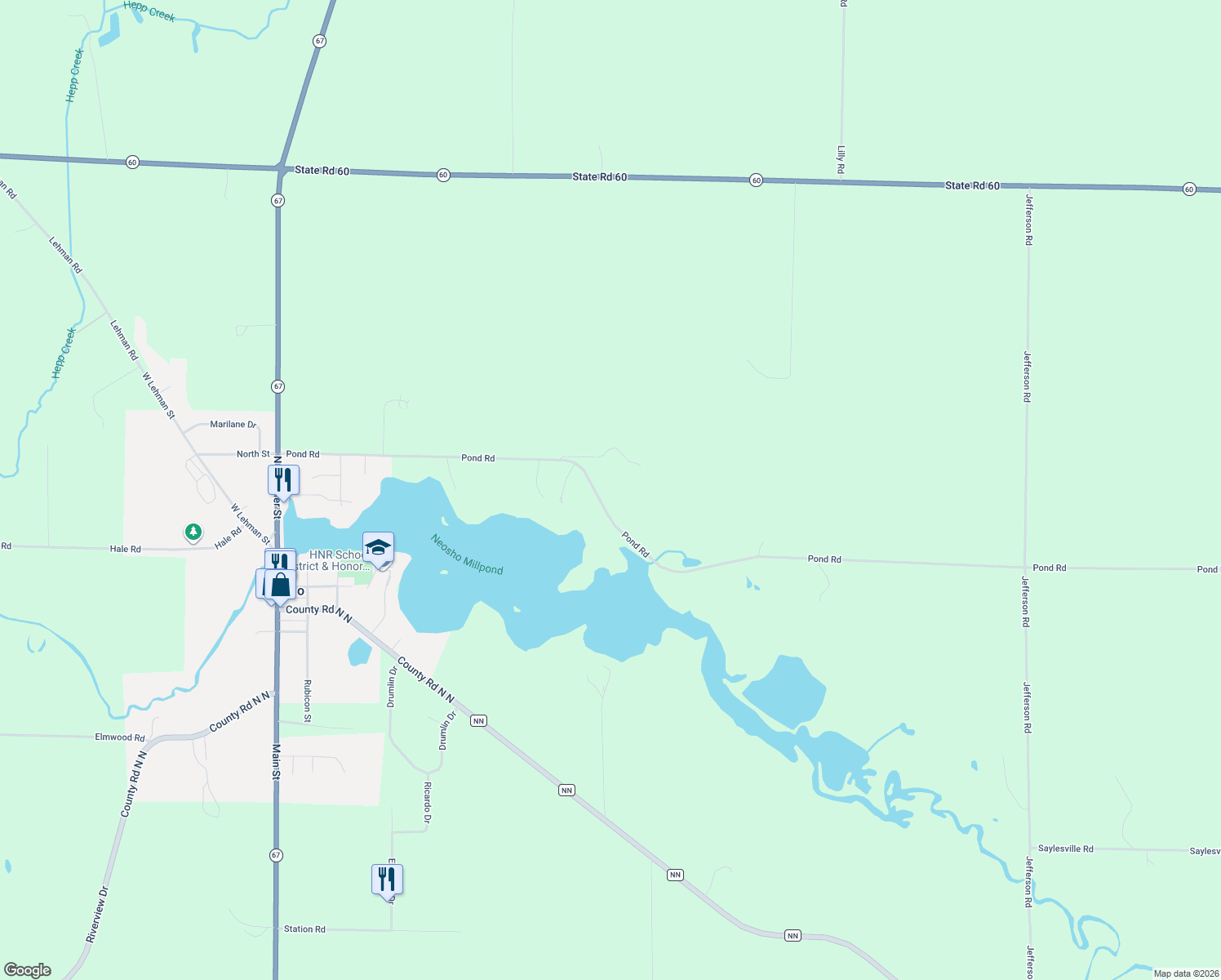 map of restaurants, bars, coffee shops, grocery stores, and more near W2106 Pond Rd in Neosho