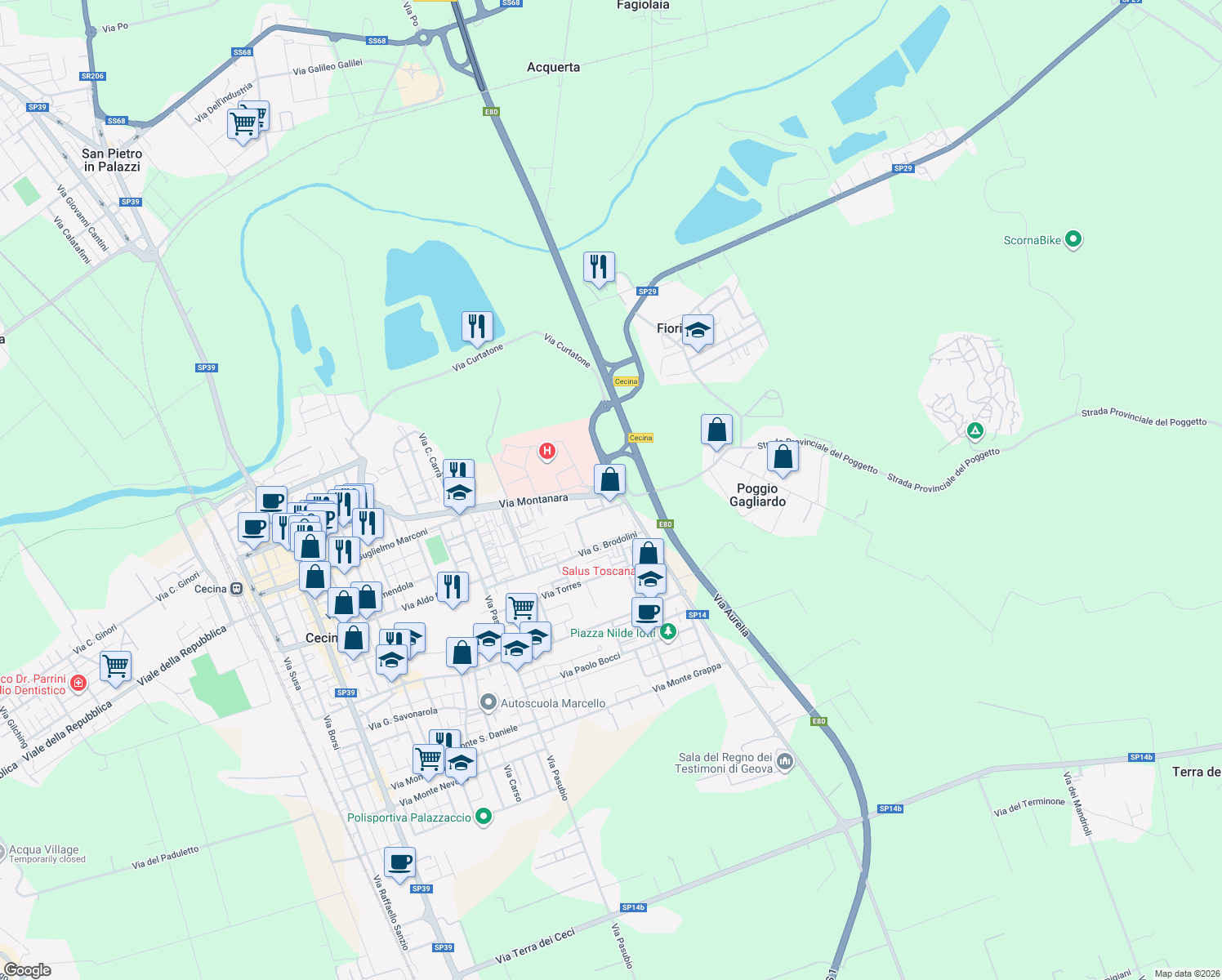 map of restaurants, bars, coffee shops, grocery stores, and more near 40 Via del Paratino in Provincia di Livorno