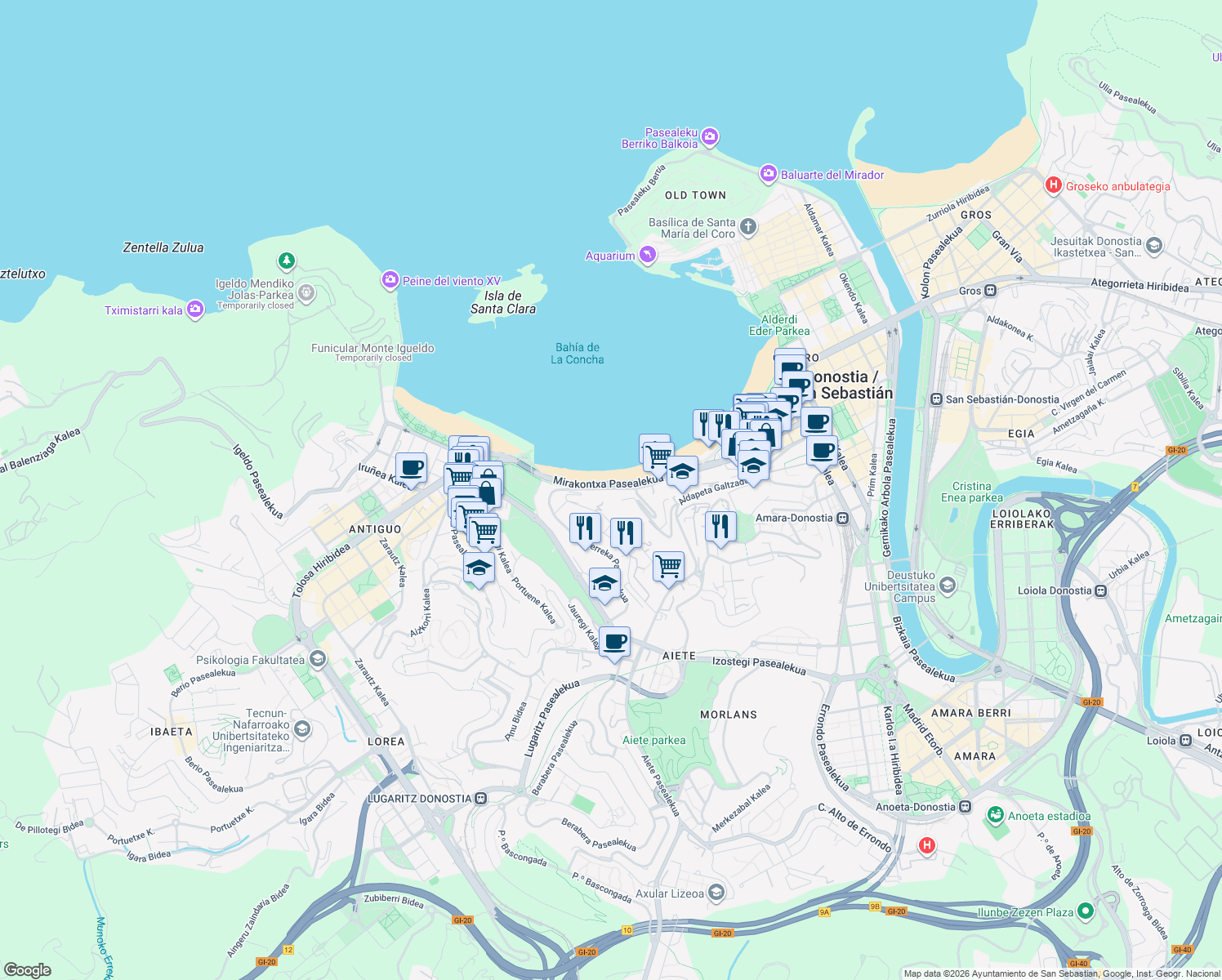 map of restaurants, bars, coffee shops, grocery stores, and more near 32 Mirakontxa Pasealekua in Donostia