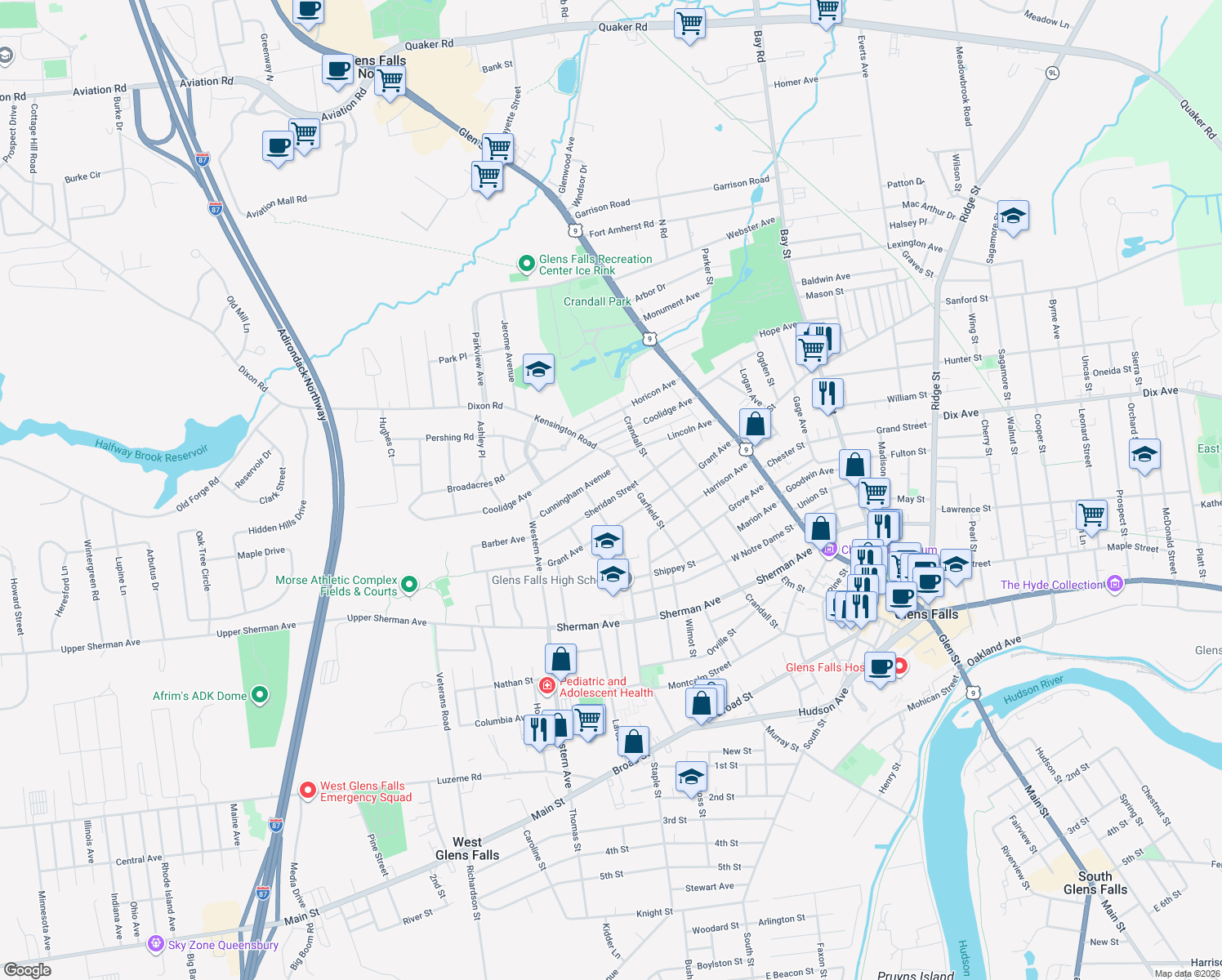 map of restaurants, bars, coffee shops, grocery stores, and more near 45 Sheridan St in Glens Falls