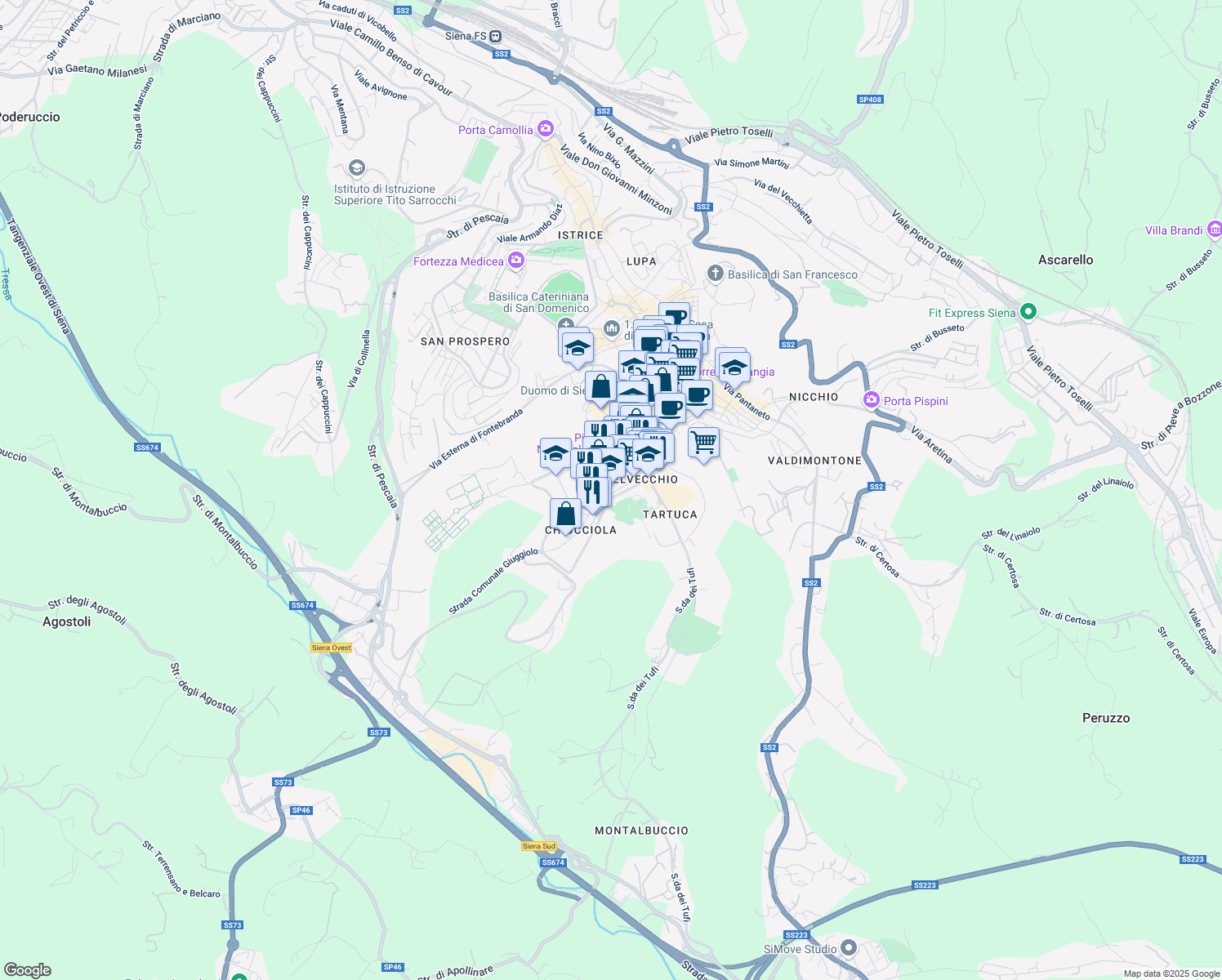 map of restaurants, bars, coffee shops, grocery stores, and more near 17 Via delle Cerchia in Siena