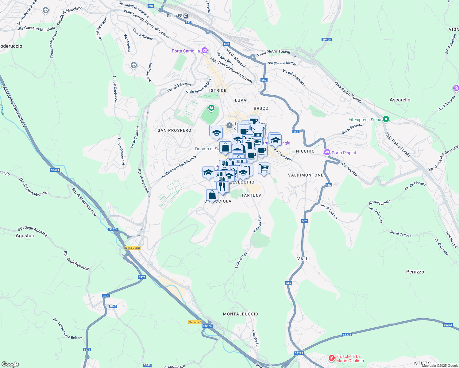 map of restaurants, bars, coffee shops, grocery stores, and more near 17 Via delle Cerchia in Siena