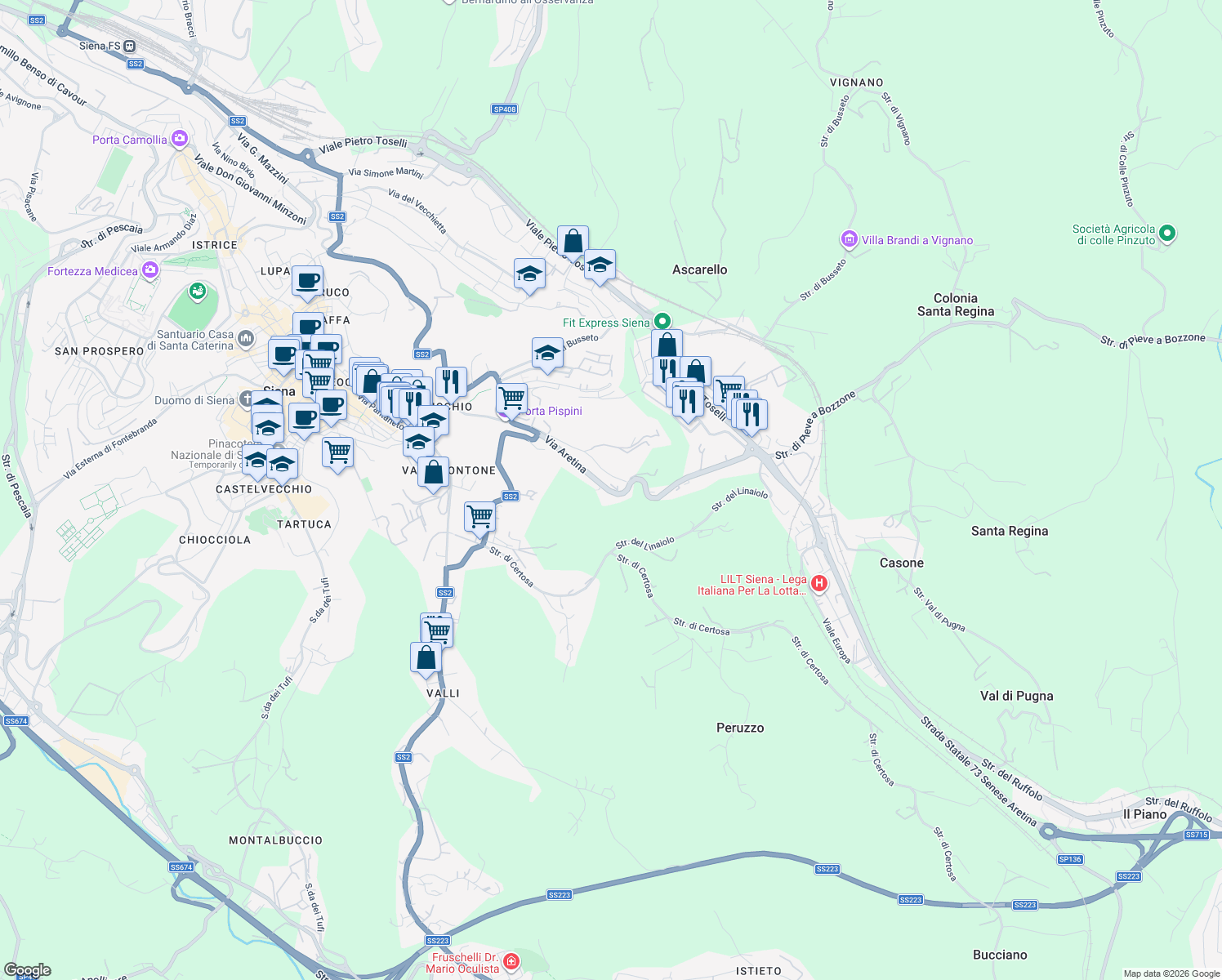 map of restaurants, bars, coffee shops, grocery stores, and more near 119 Via Aretina in Siena