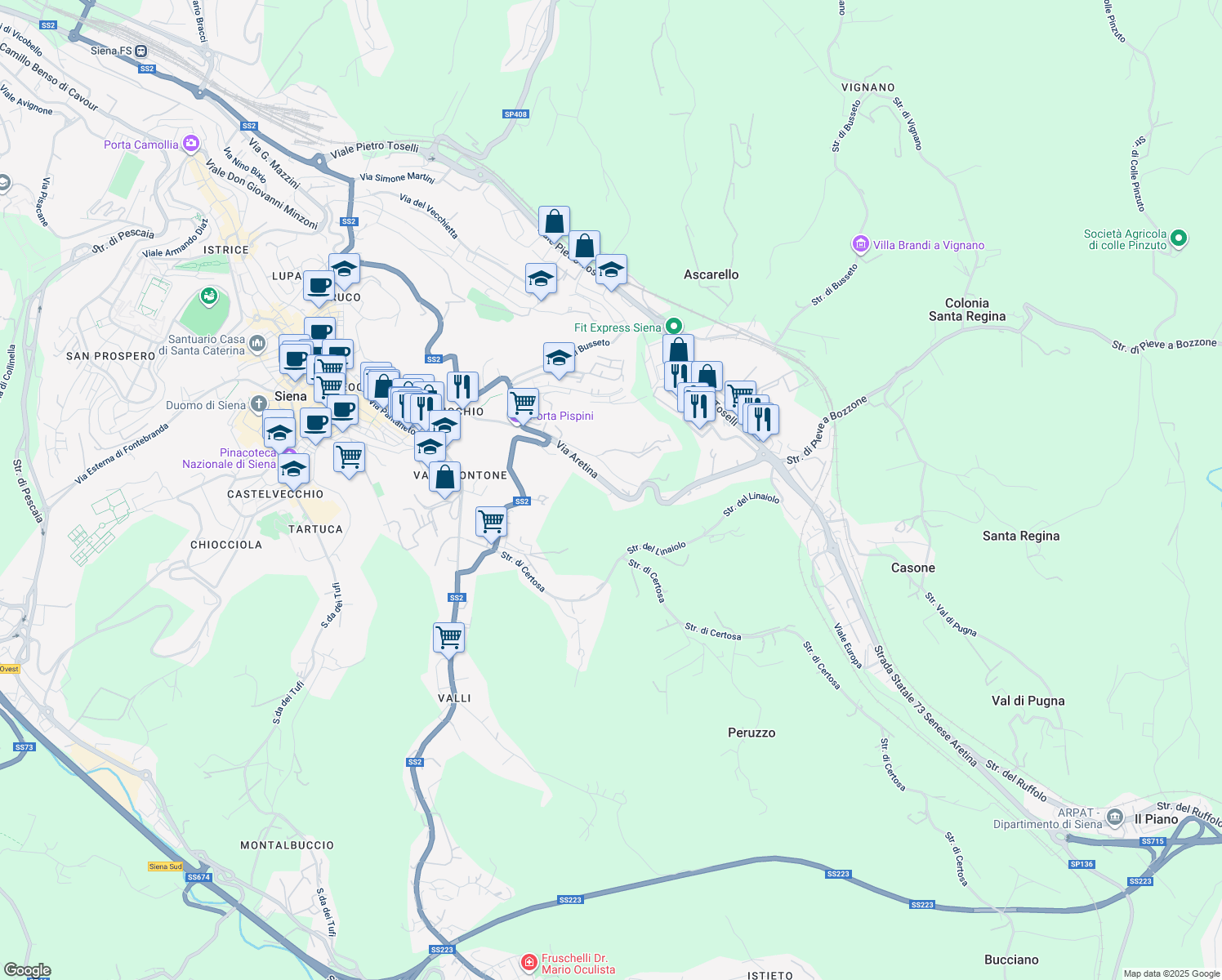 map of restaurants, bars, coffee shops, grocery stores, and more near 42 Strada Sant'Eugenia in Siena