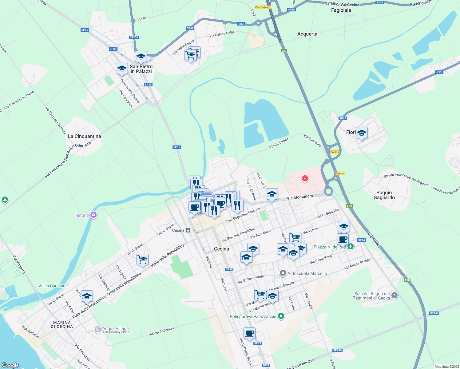 map of restaurants, bars, coffee shops, grocery stores, and more near 34 Via Giovanni Pegolotti in Cecina