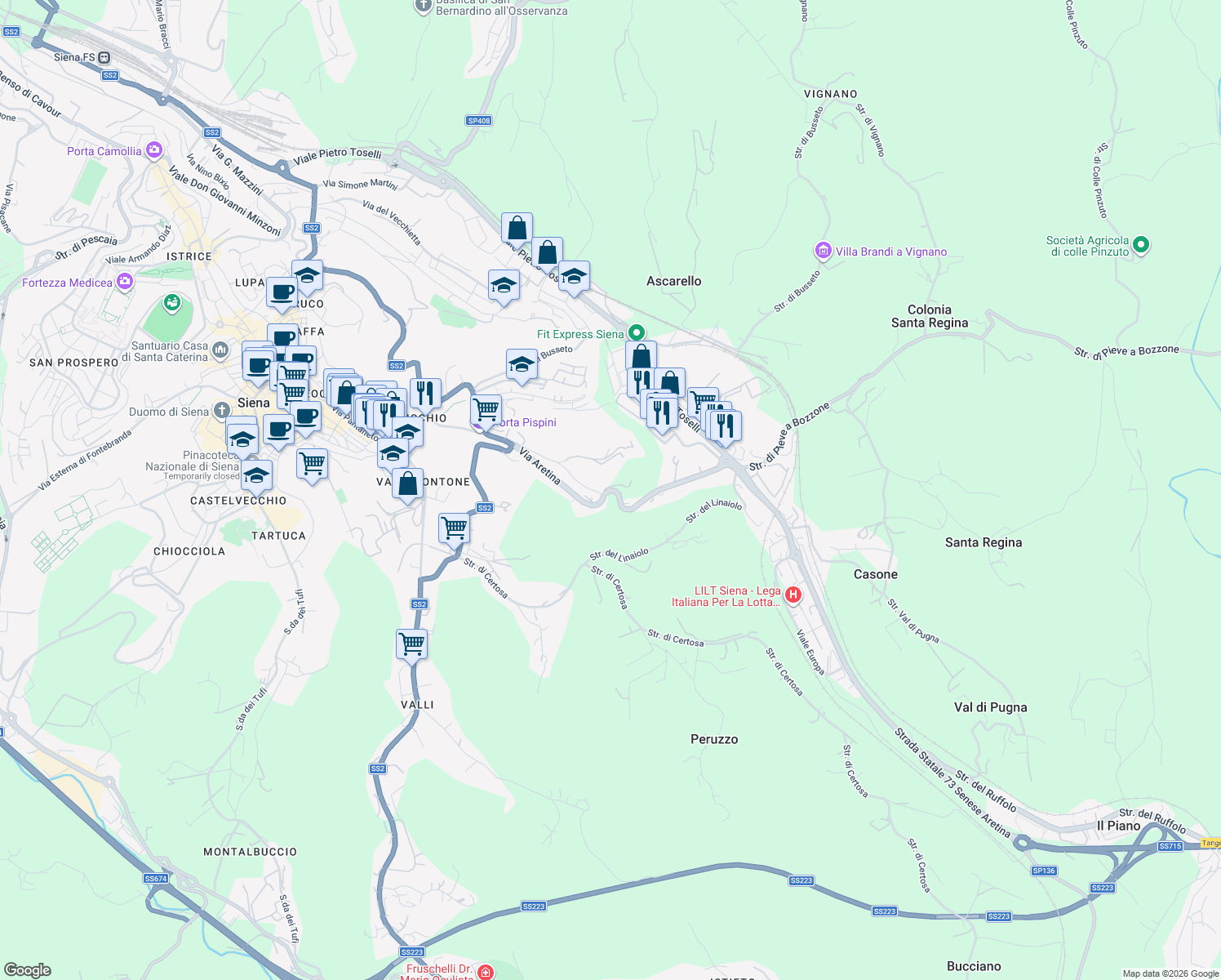 map of restaurants, bars, coffee shops, grocery stores, and more near 119 Via Aretina in Siena