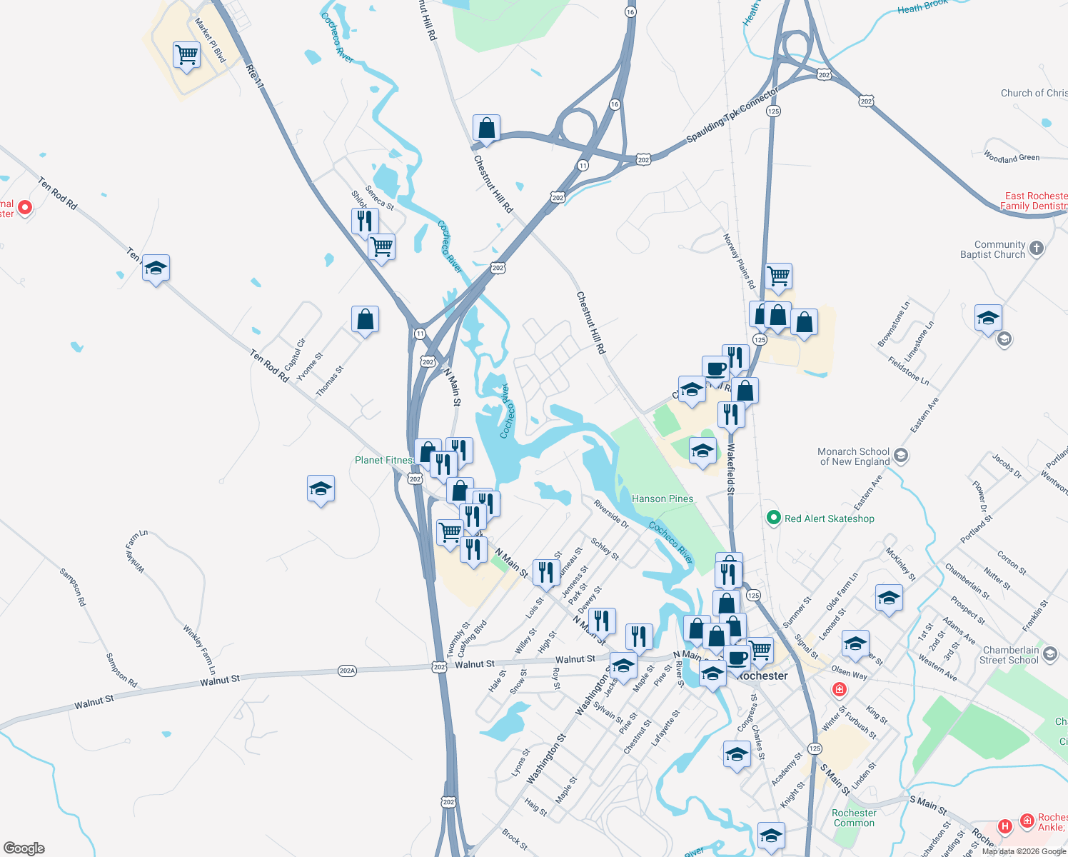 map of restaurants, bars, coffee shops, grocery stores, and more near 56 Riverview Drive in Rochester