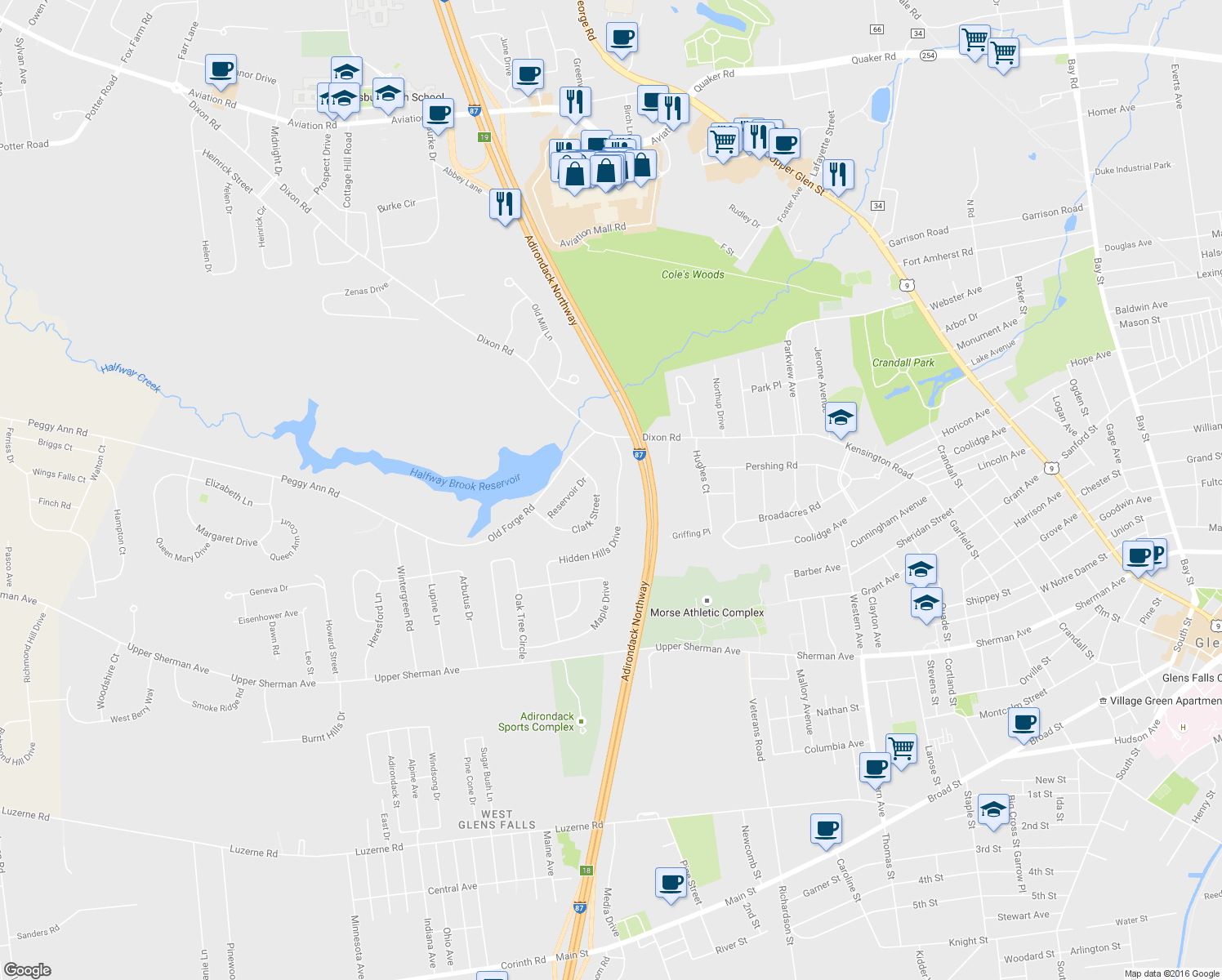 map of restaurants, bars, coffee shops, grocery stores, and more near 5 Hidden Hills Drive in West Glens Falls