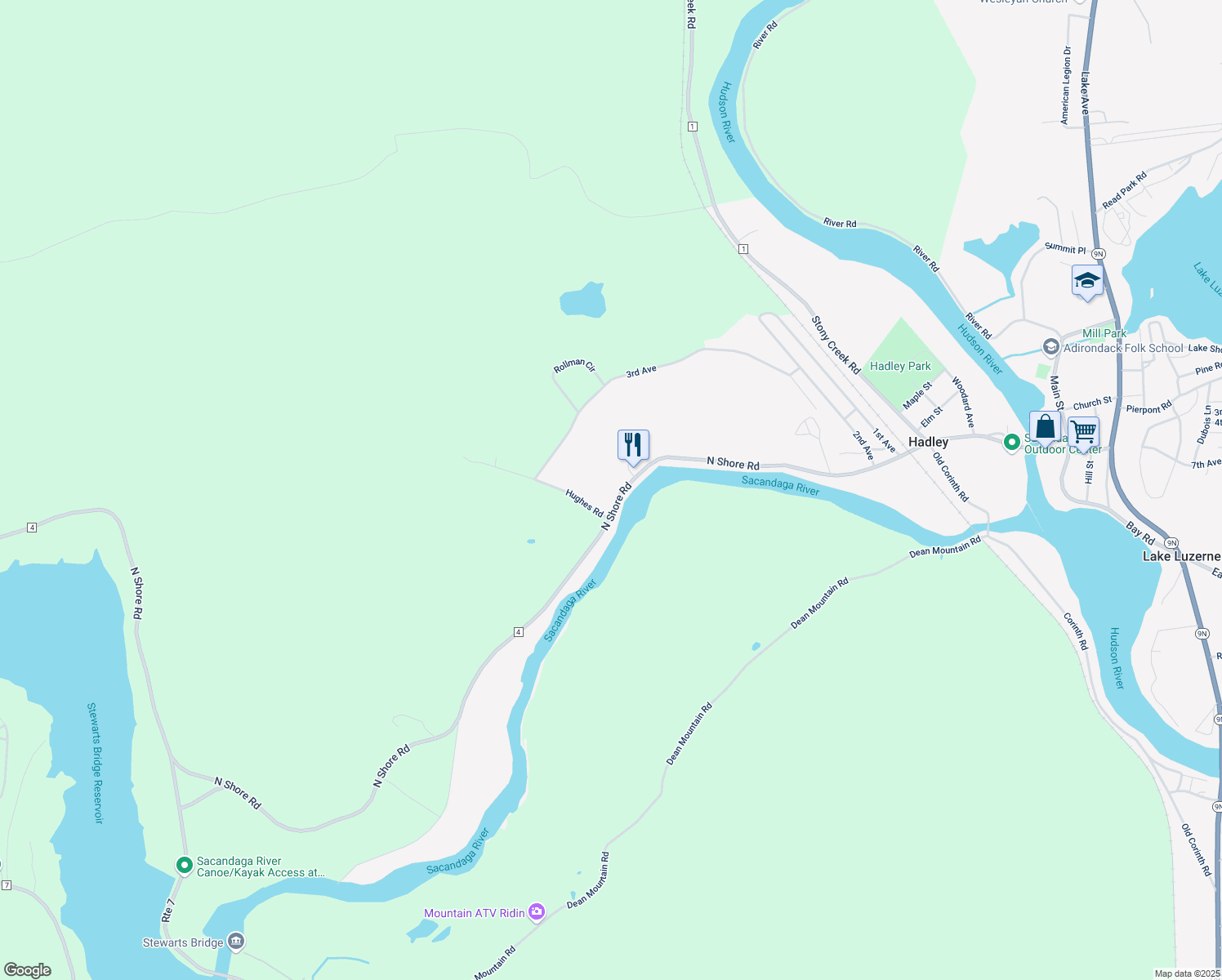 map of restaurants, bars, coffee shops, grocery stores, and more near 3919 North Shore Road in Hadley