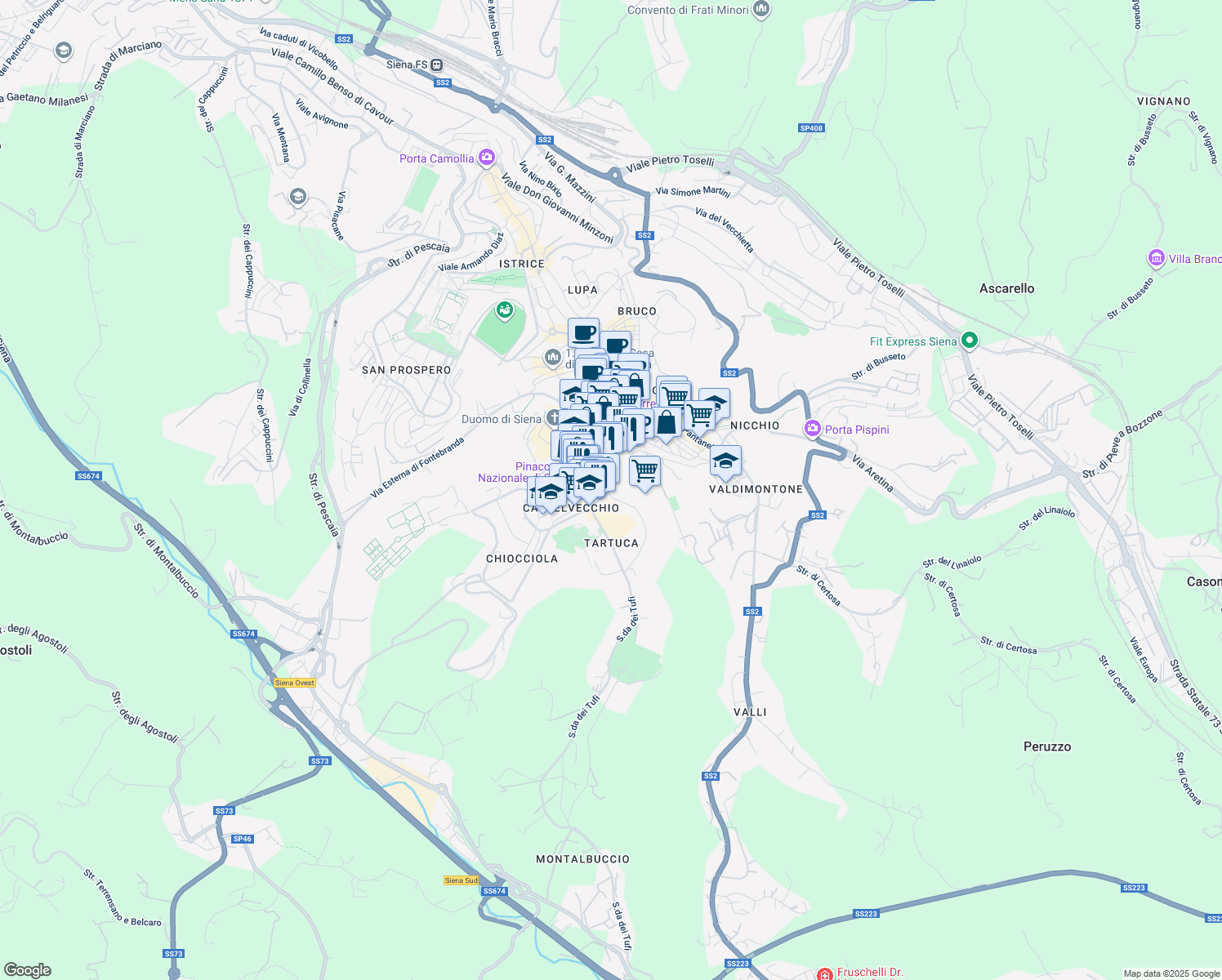 map of restaurants, bars, coffee shops, grocery stores, and more near 105 Via Giovanni Duprè in Siena