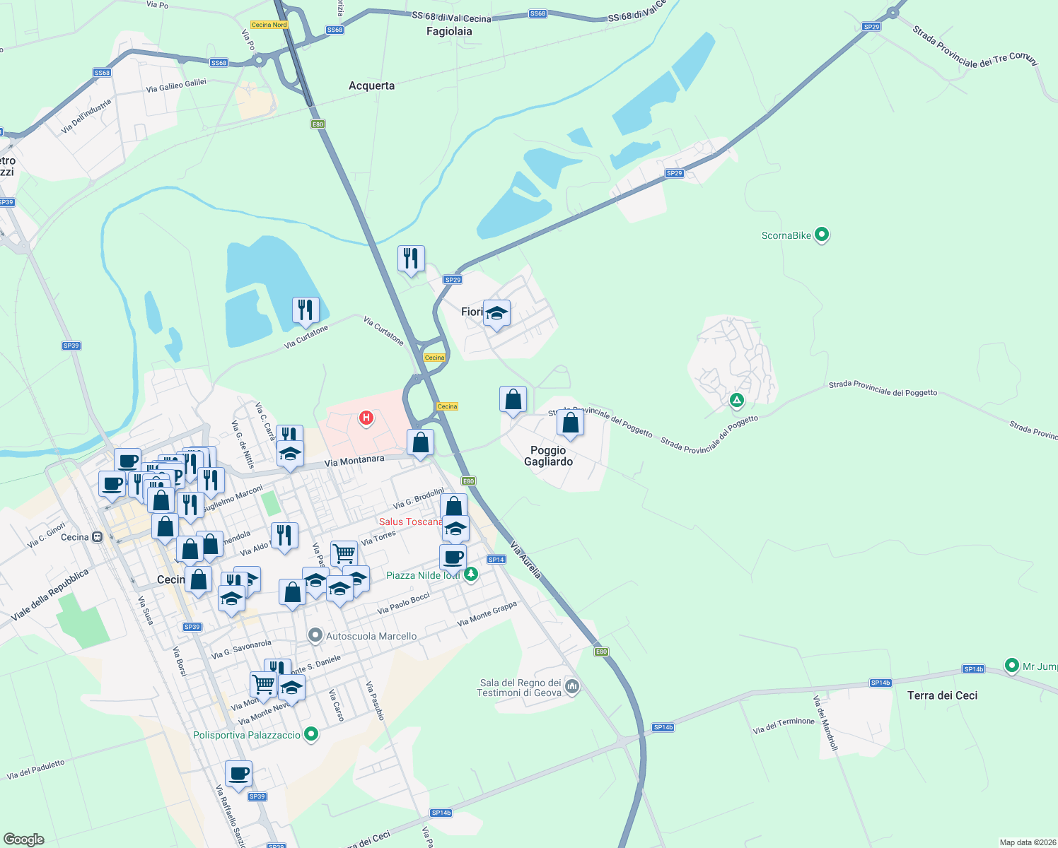 map of restaurants, bars, coffee shops, grocery stores, and more near 1 Via di Poggio Gagliardo in Poggio Gagliardo
