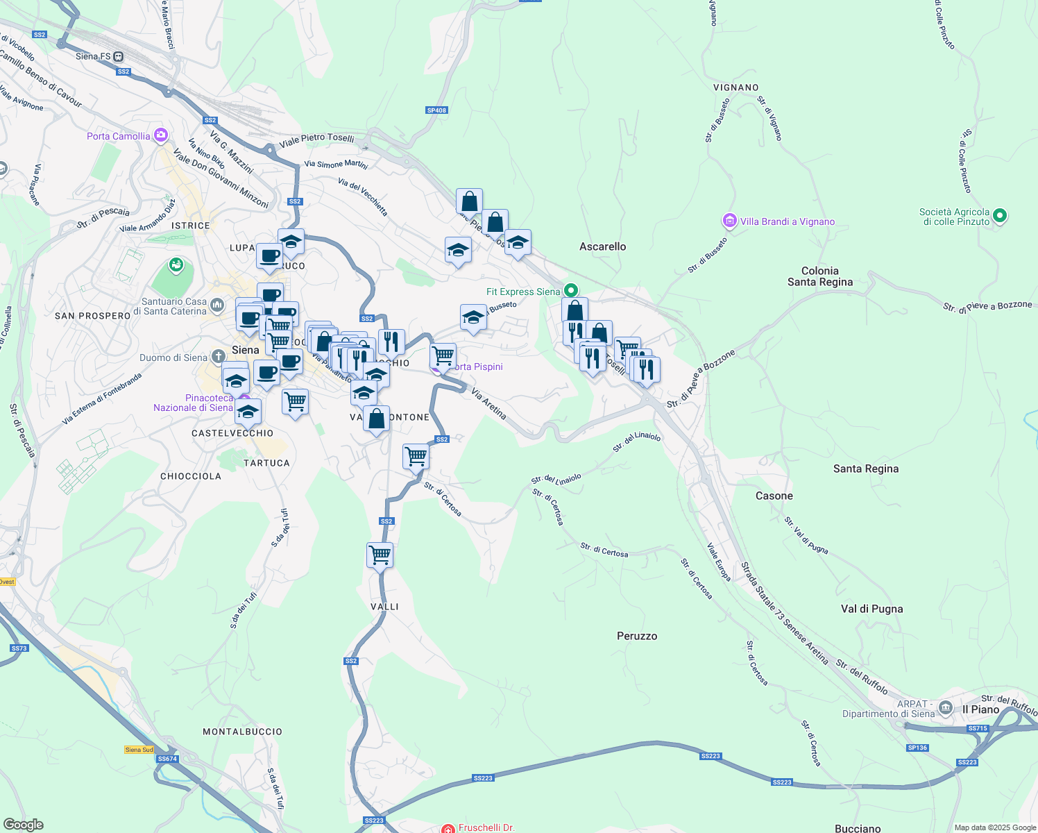 map of restaurants, bars, coffee shops, grocery stores, and more near 42 Strada Sant'Eugenia in Siena
