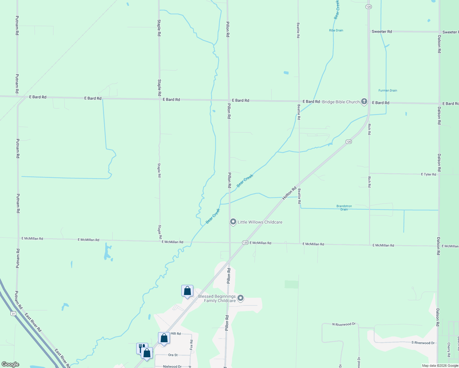map of restaurants, bars, coffee shops, grocery stores, and more near 3354 Pillon Road in Muskegon