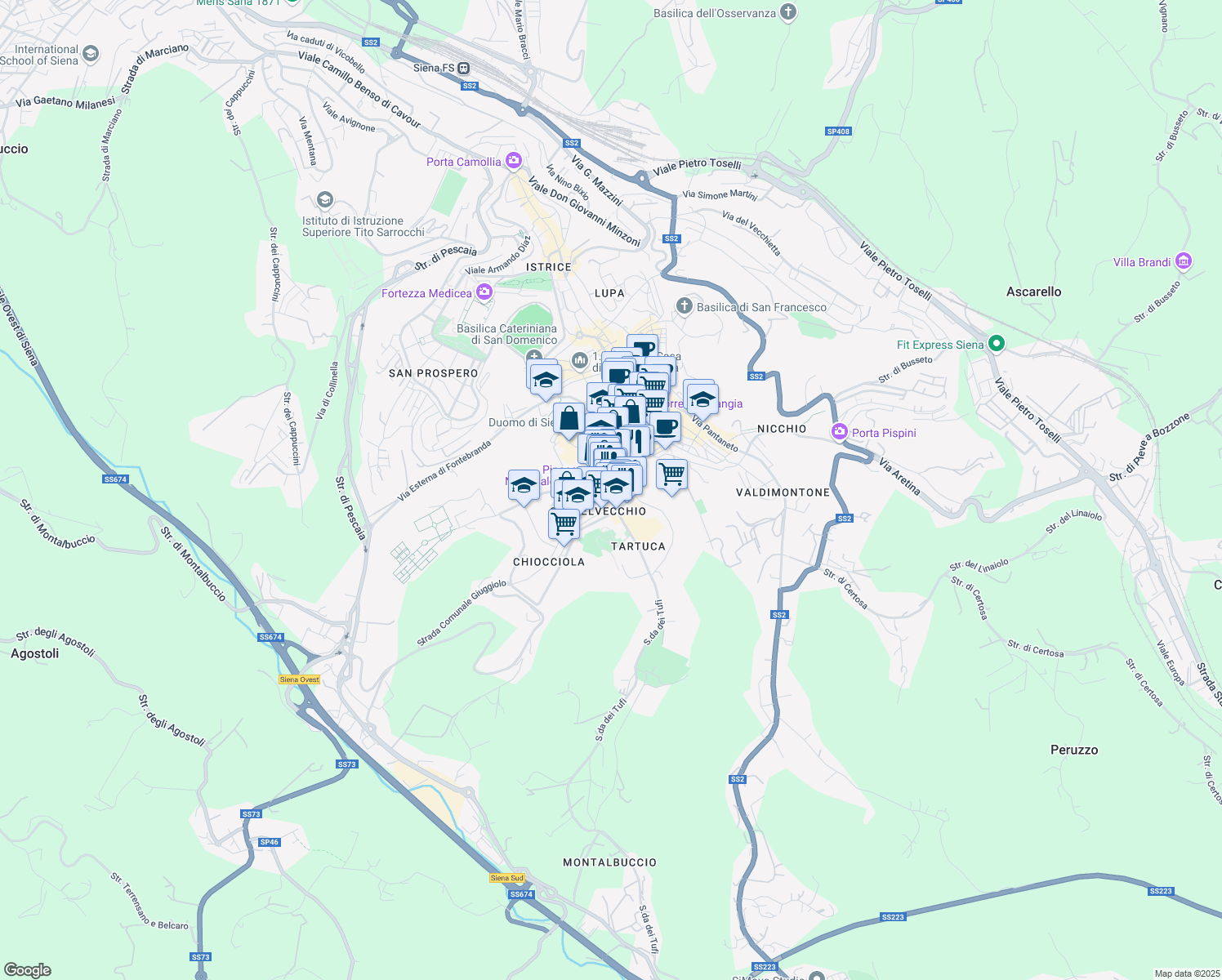 map of restaurants, bars, coffee shops, grocery stores, and more near 50 Via San Pietro in Siena