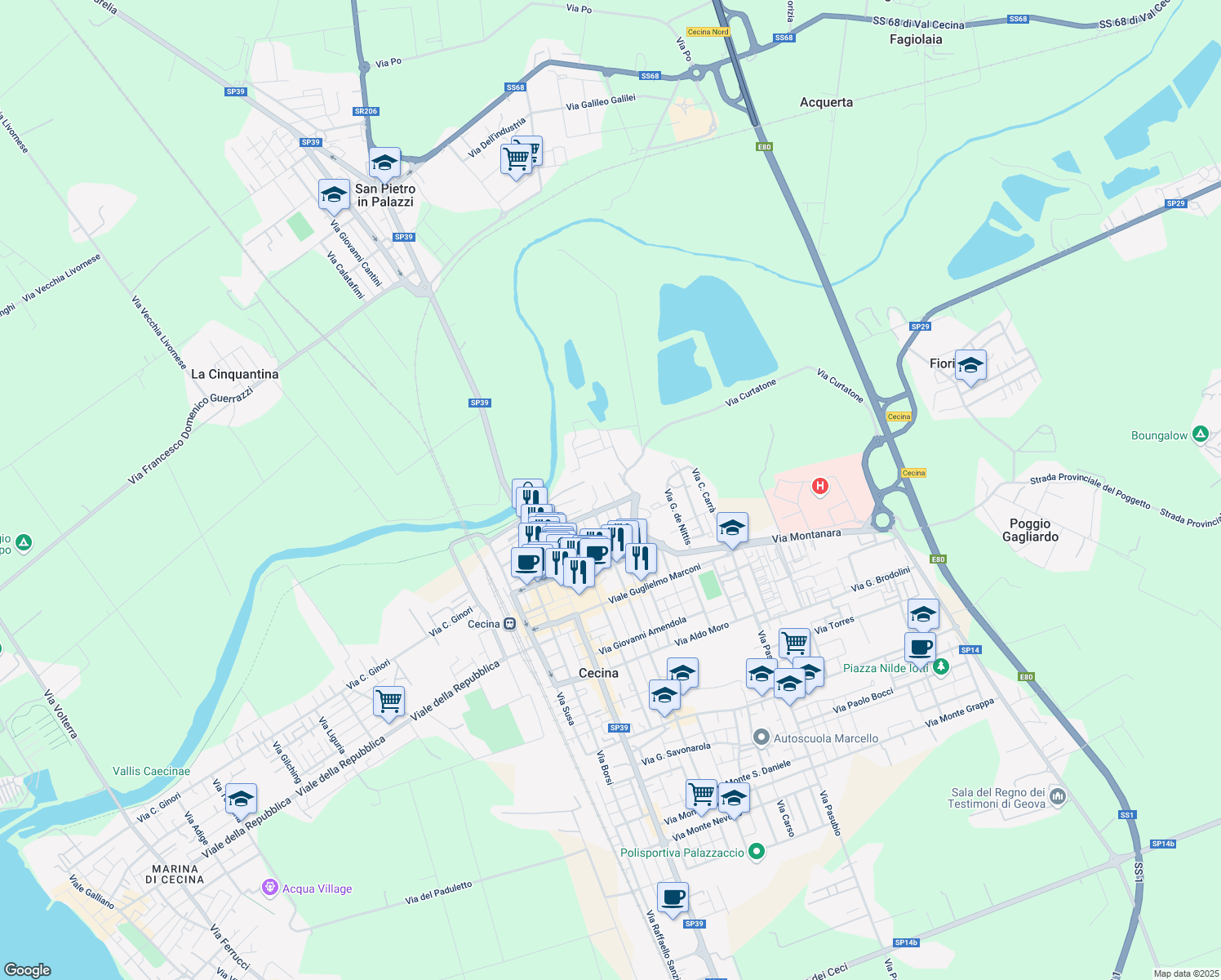 map of restaurants, bars, coffee shops, grocery stores, and more near 34 Via Giovanni Pegolotti in Cecina