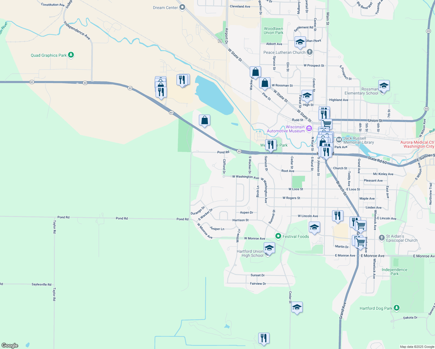 map of restaurants, bars, coffee shops, grocery stores, and more near 7235 Valley Court in Hartford