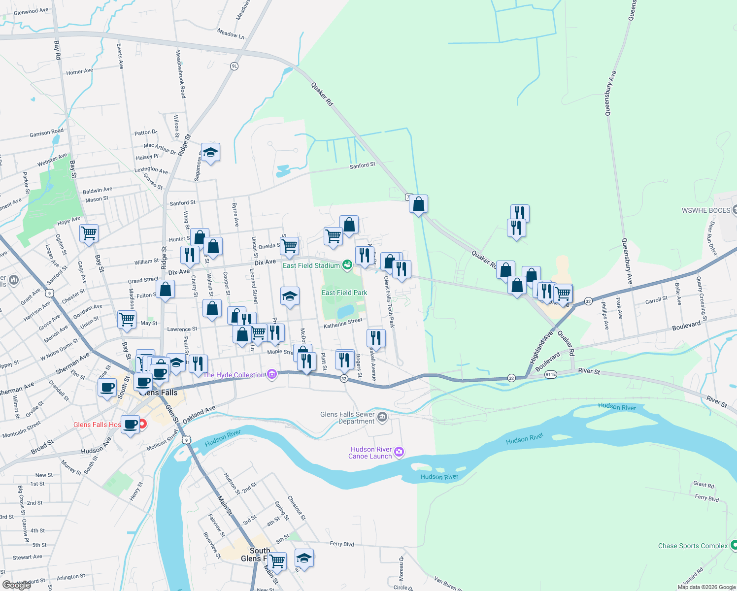 map of restaurants, bars, coffee shops, grocery stores, and more near 72 Haskell Ave in Glens Falls