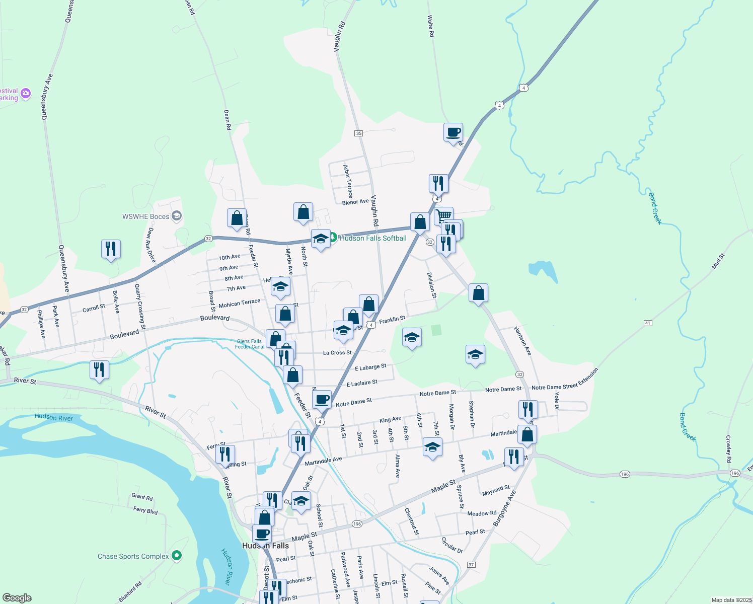 map of restaurants, bars, coffee shops, grocery stores, and more near 361 Main St in Hudson Falls