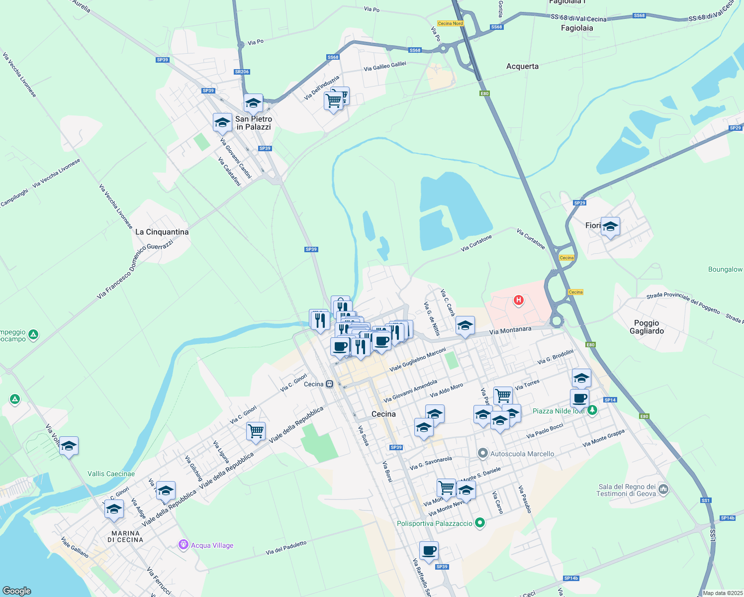 map of restaurants, bars, coffee shops, grocery stores, and more near Via dei Grottini in Cecina