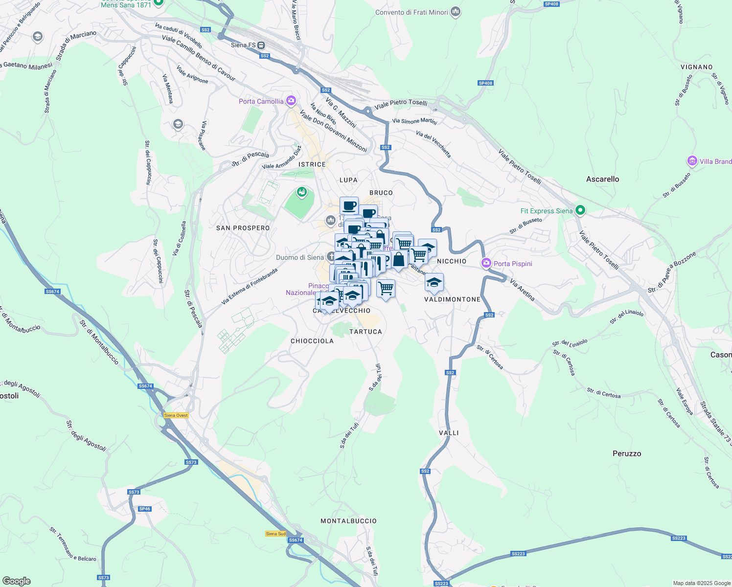 map of restaurants, bars, coffee shops, grocery stores, and more near 105 Via Giovanni Duprè in Siena