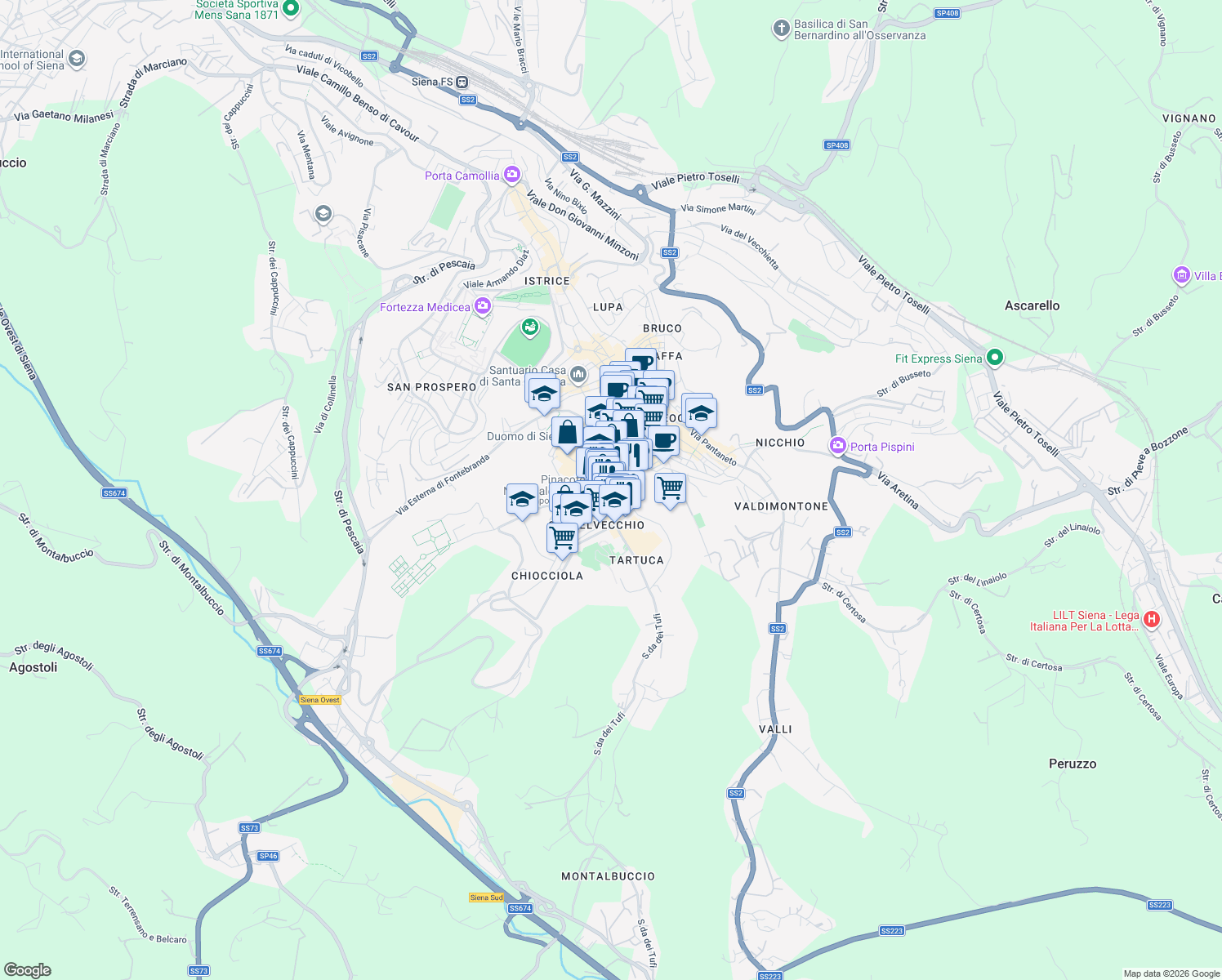 map of restaurants, bars, coffee shops, grocery stores, and more near 50 Via San Pietro in Siena