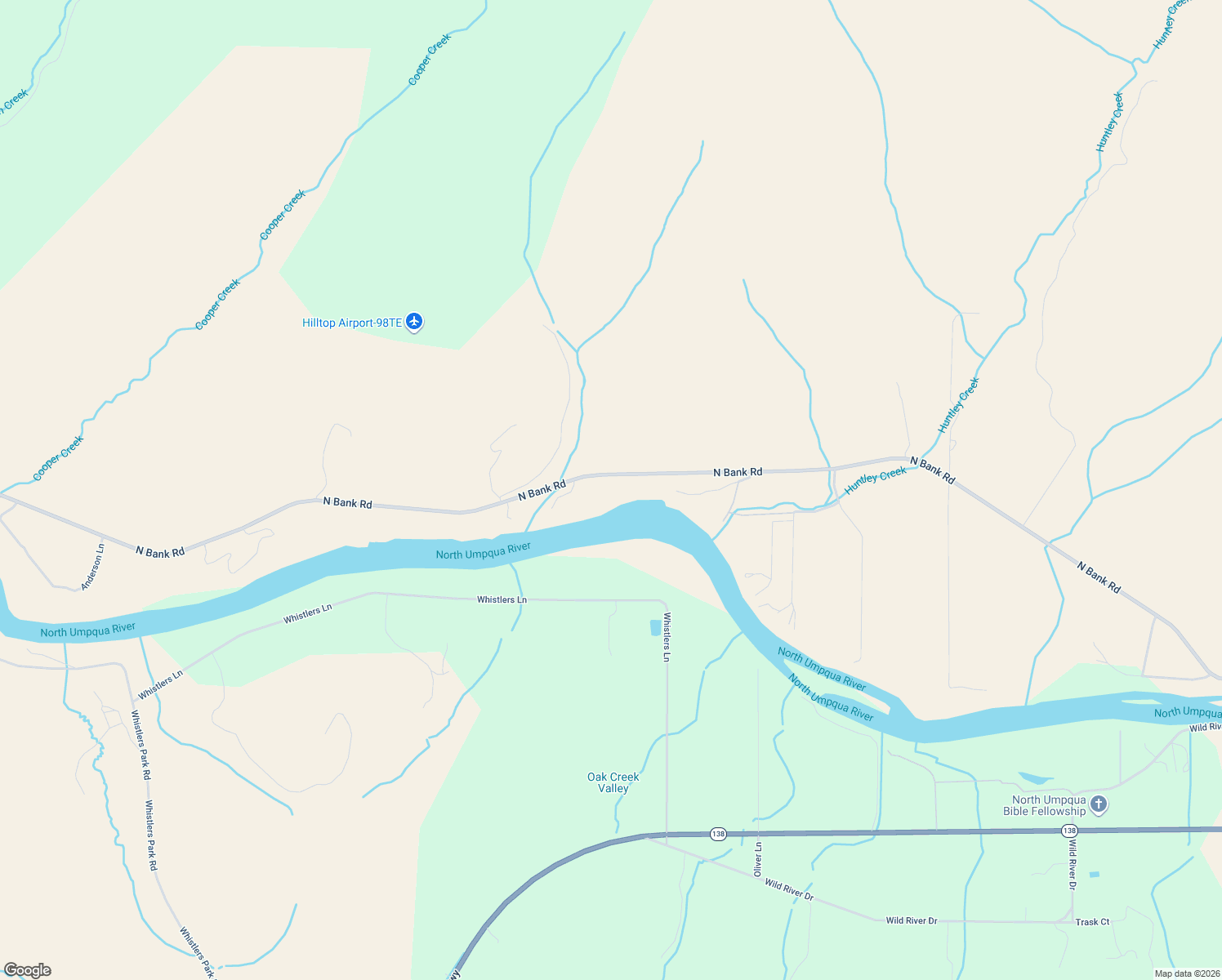 map of restaurants, bars, coffee shops, grocery stores, and more near 15005 North Bank Road in Roseburg