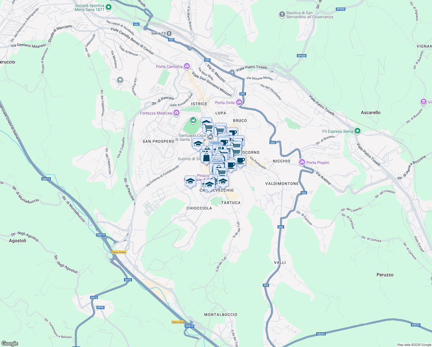 map of restaurants, bars, coffee shops, grocery stores, and more near 12 Via del Capitano in Siena