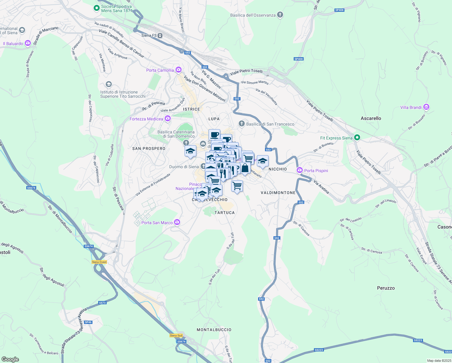 map of restaurants, bars, coffee shops, grocery stores, and more near in Siena