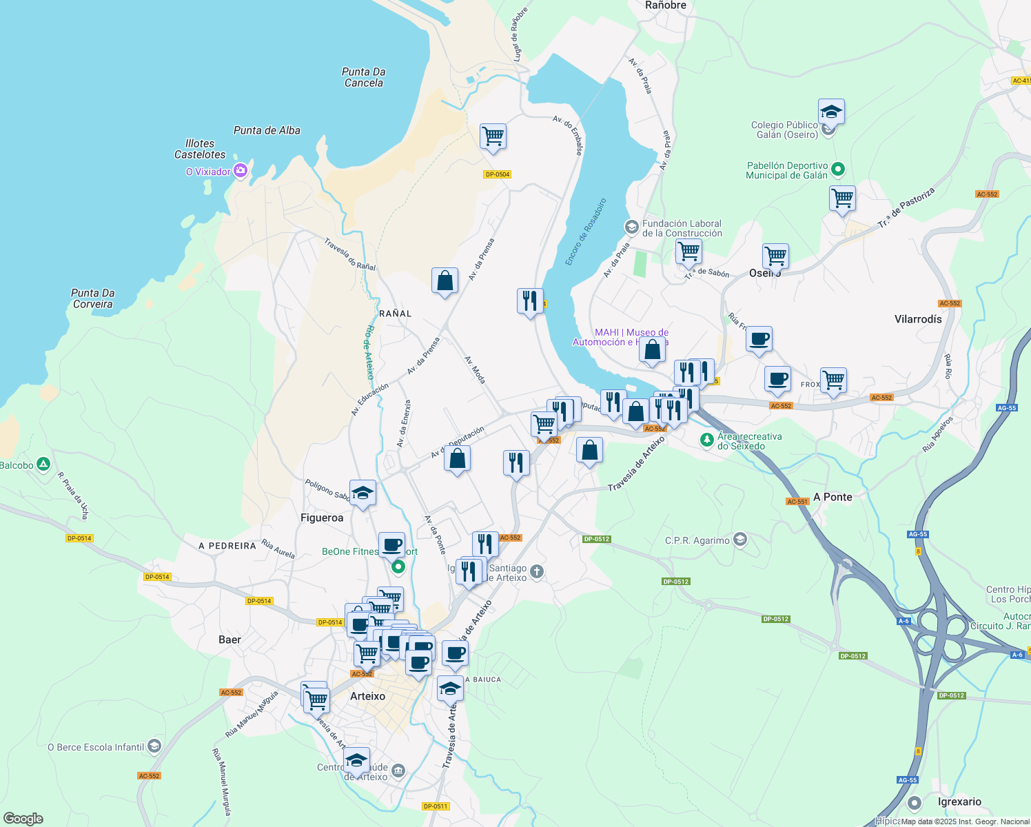 map of restaurants, bars, coffee shops, grocery stores, and more near Avenida da Deputación in La Coruña