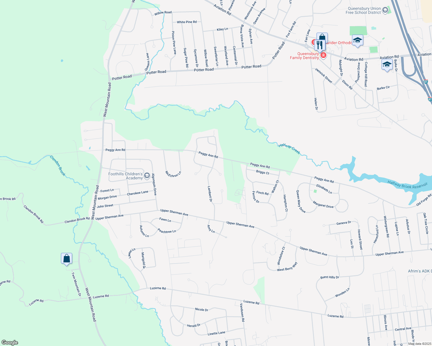 map of restaurants, bars, coffee shops, grocery stores, and more near 17 Pheasant Walk in Queensbury