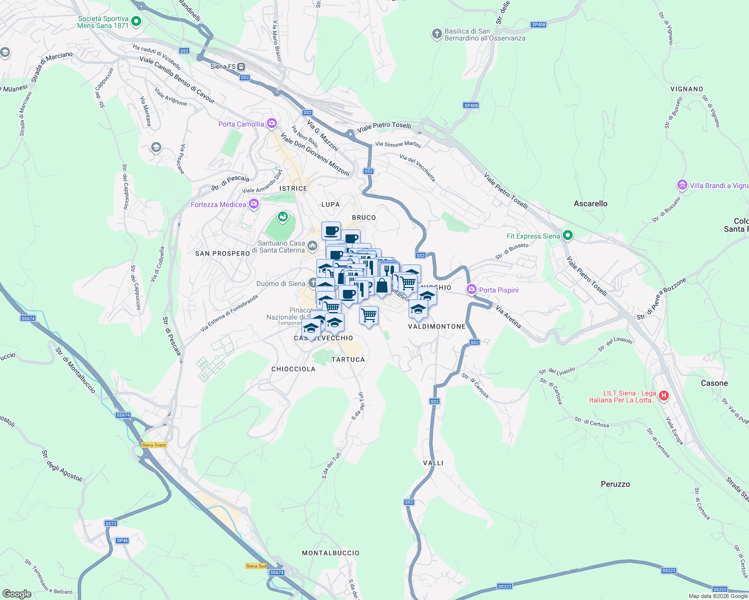 map of restaurants, bars, coffee shops, grocery stores, and more near 49 Via Salicotto in Siena