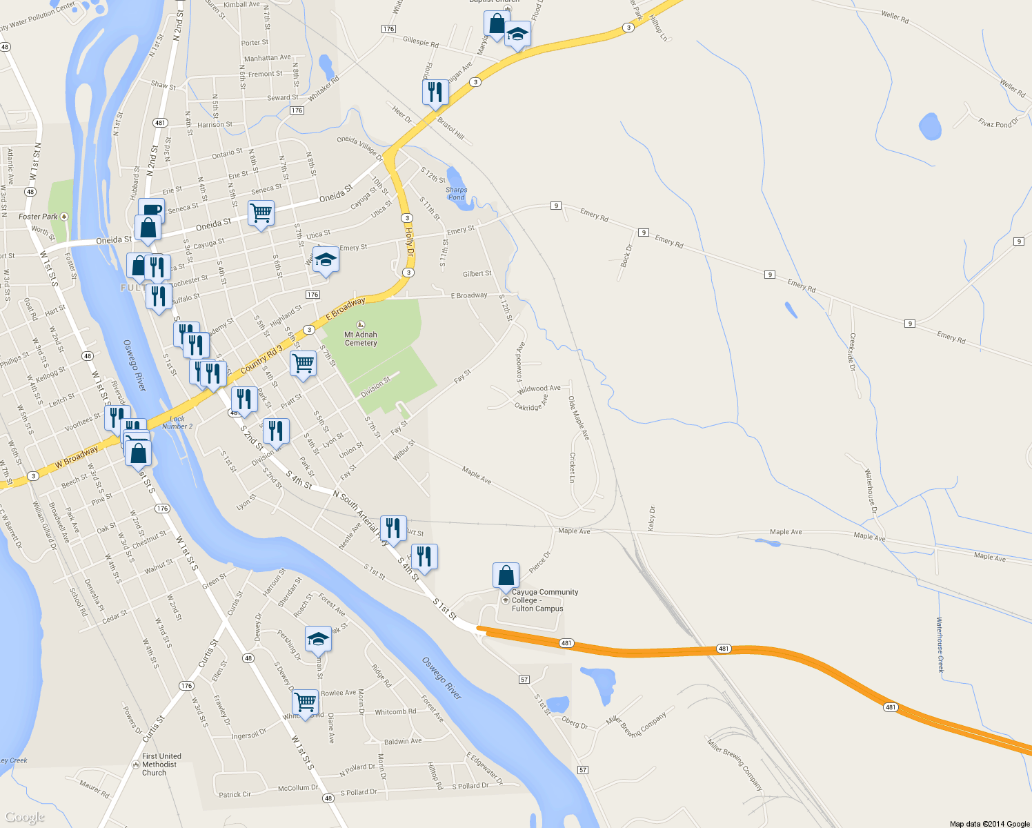 map of restaurants, bars, coffee shops, grocery stores, and more near 27 Oakridge Avenue in Fulton