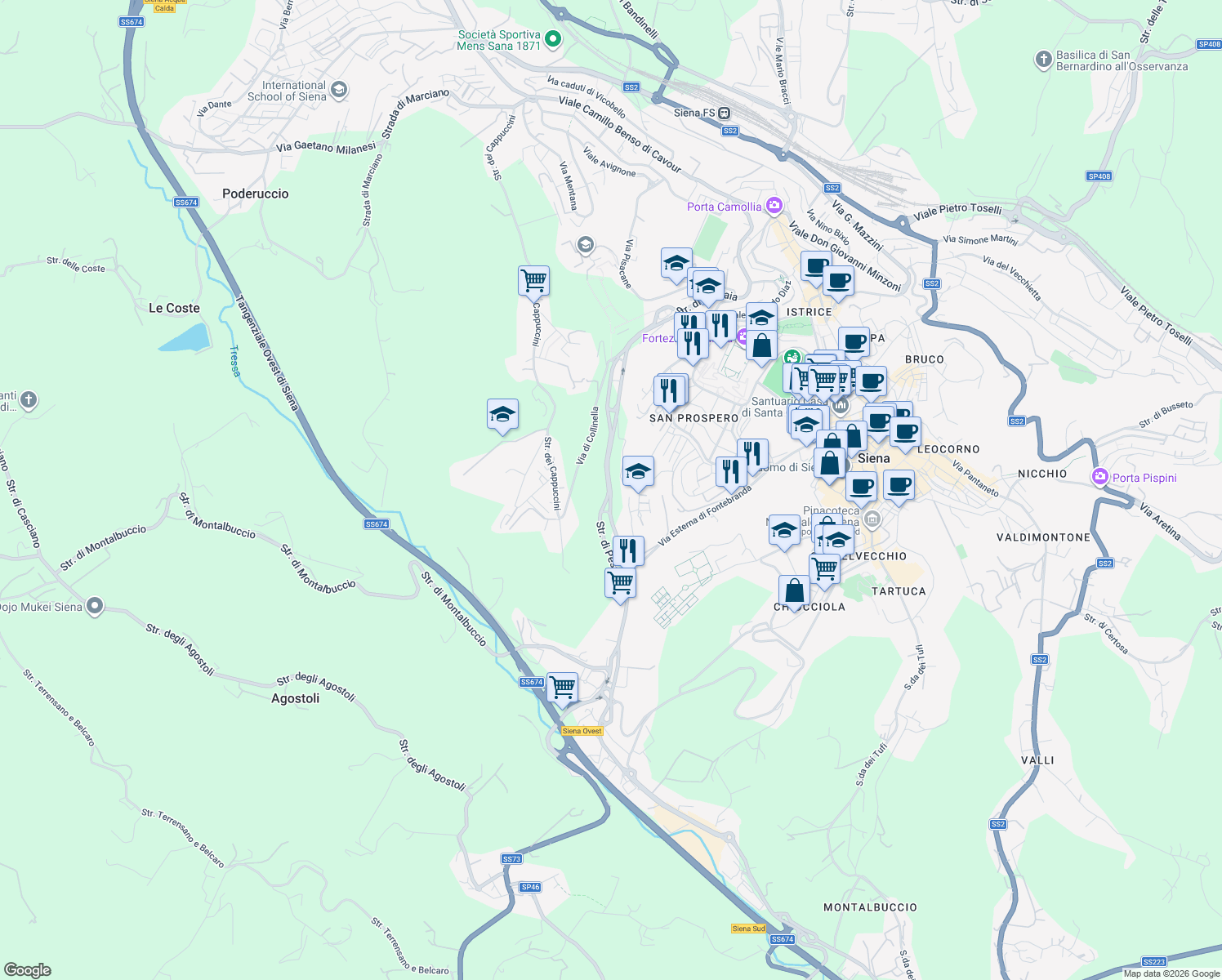 map of restaurants, bars, coffee shops, grocery stores, and more near 22 Via del Colle in Siena