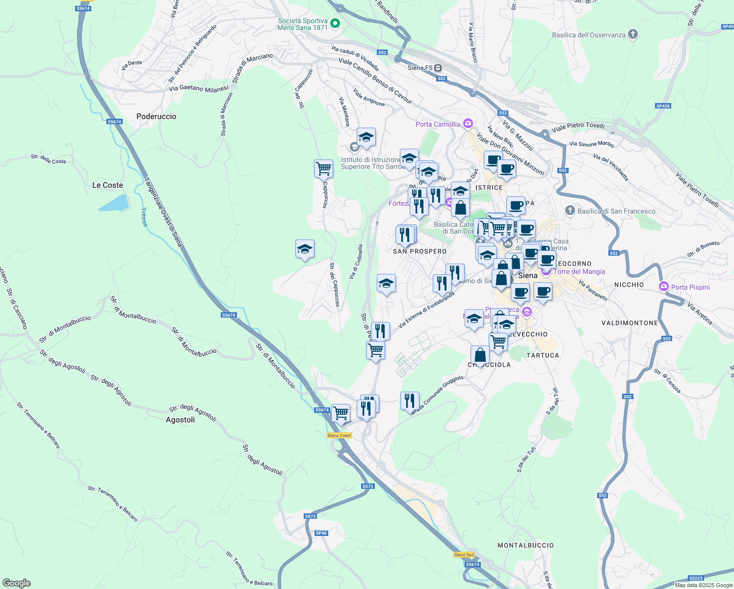 map of restaurants, bars, coffee shops, grocery stores, and more near 28 Strada di Pescaia in Siena
