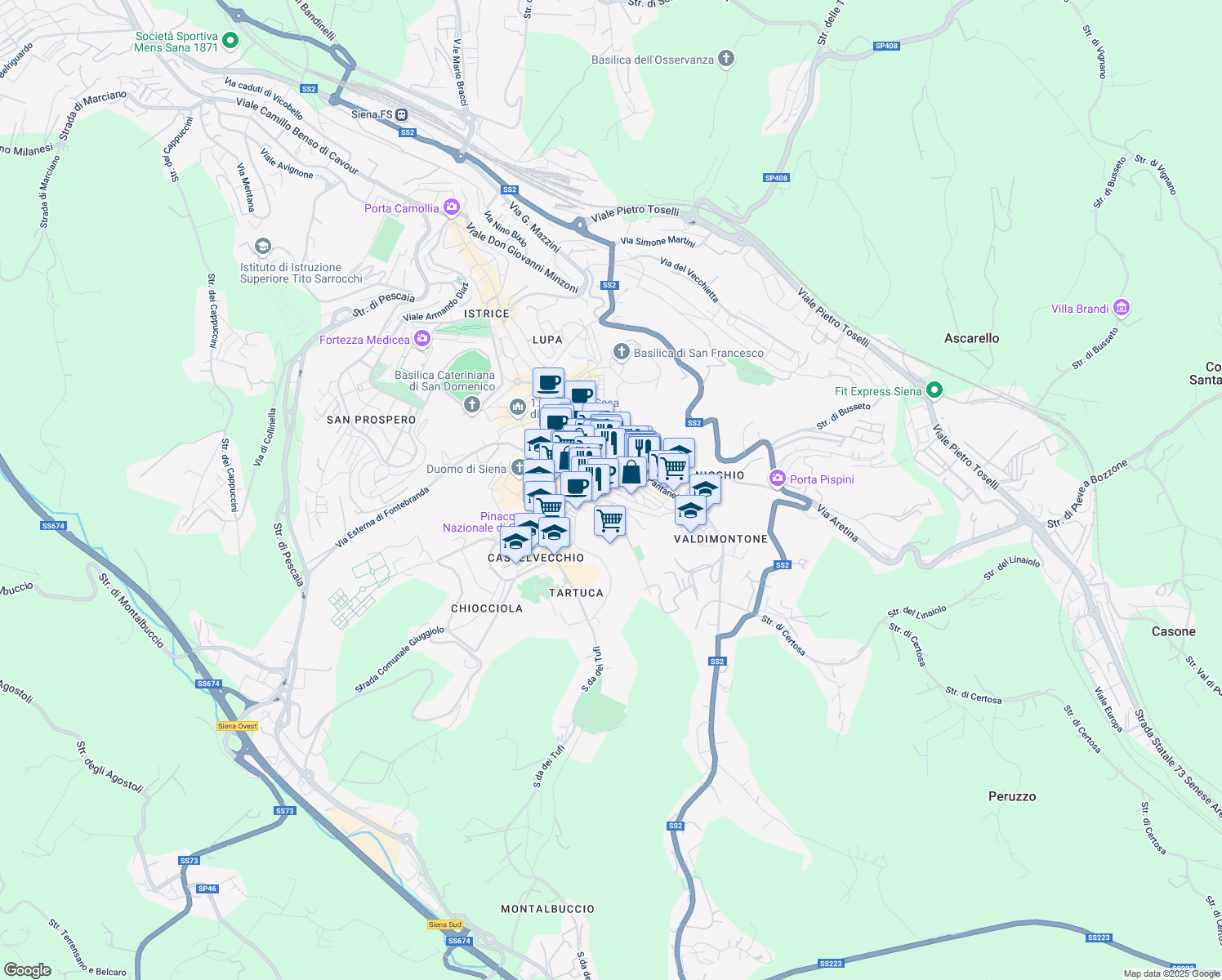 map of restaurants, bars, coffee shops, grocery stores, and more near 49 Via Salicotto in Siena