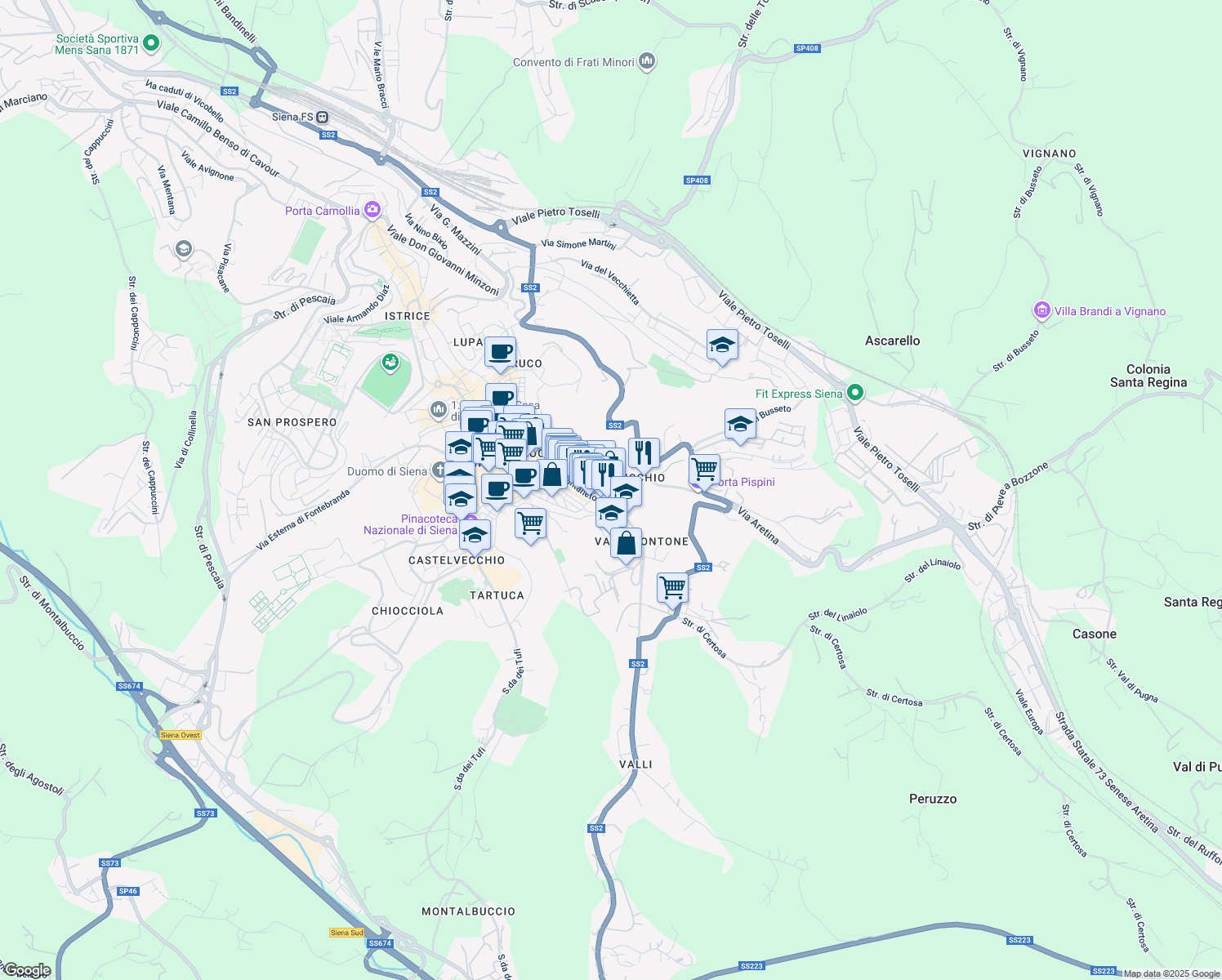 map of restaurants, bars, coffee shops, grocery stores, and more near 22 Via di Fieravecchia in Siena