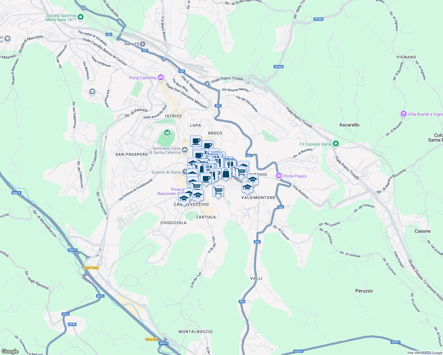 map of restaurants, bars, coffee shops, grocery stores, and more near 49 Via Salicotto in Siena