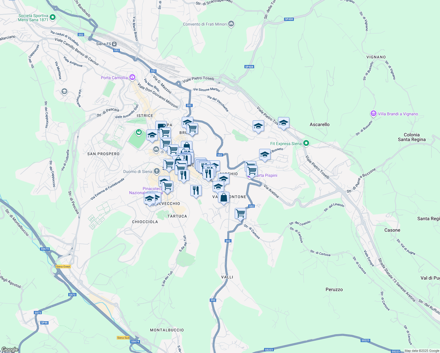 map of restaurants, bars, coffee shops, grocery stores, and more near 22 Via di Fiera Vecchia in Sienna