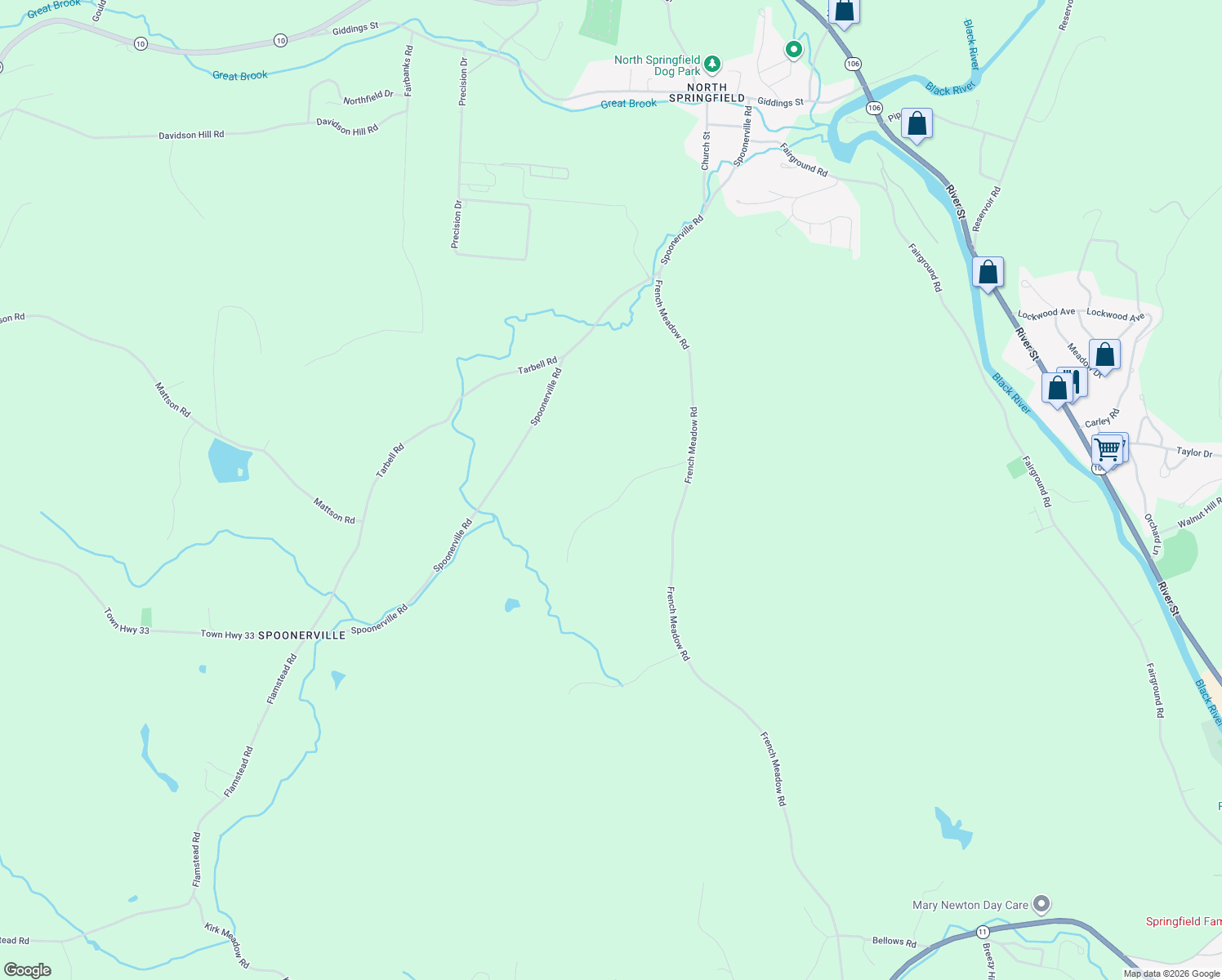 map of restaurants, bars, coffee shops, grocery stores, and more near 107 Baker Road in Springfield
