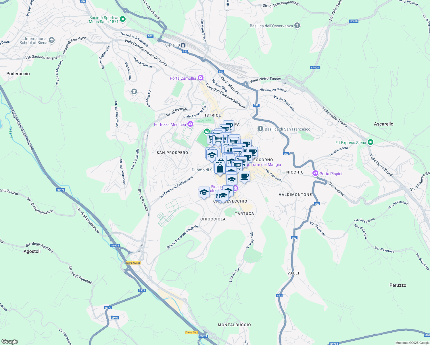 map of restaurants, bars, coffee shops, grocery stores, and more near 5 Via Fusari in Siena