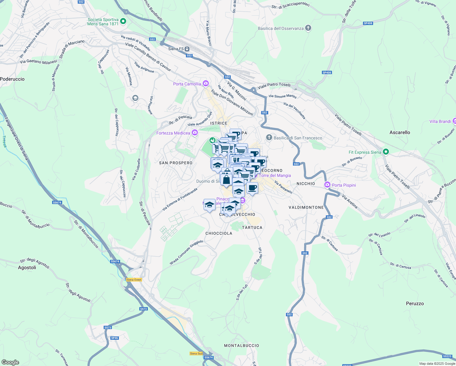 map of restaurants, bars, coffee shops, grocery stores, and more near 5 Via Fusari in Siena