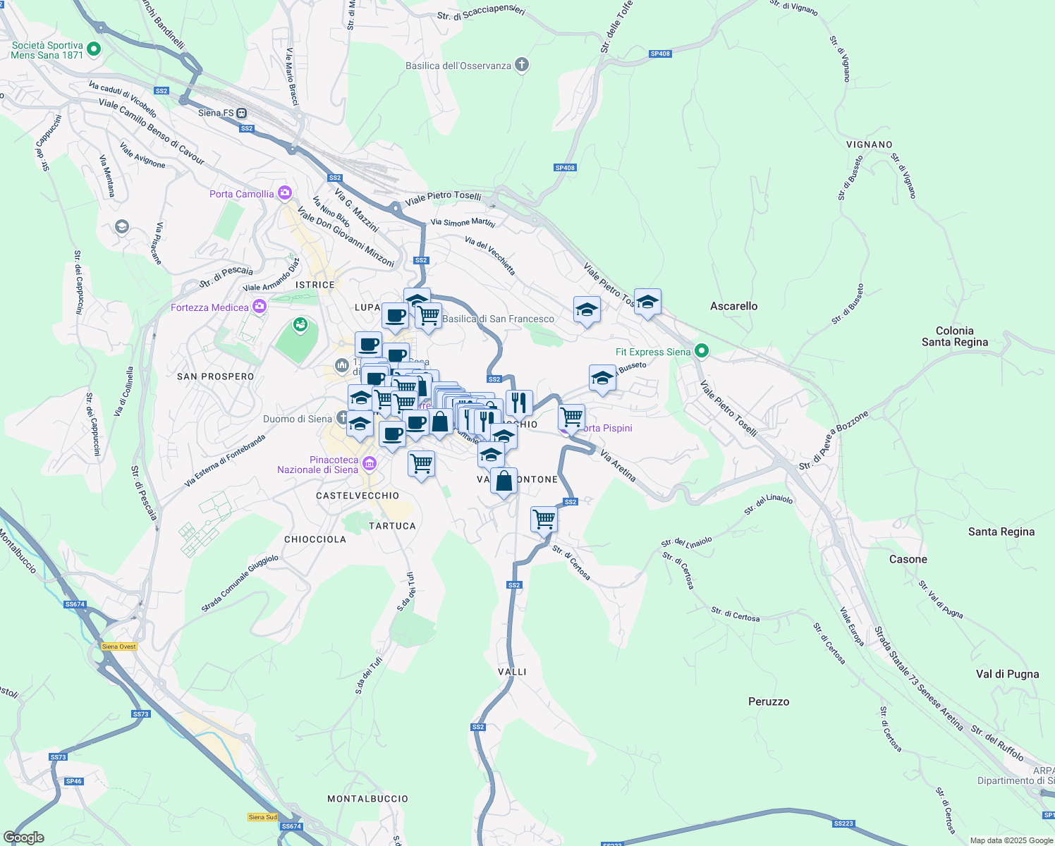 map of restaurants, bars, coffee shops, grocery stores, and more near Strada Regionale 2 in Siena