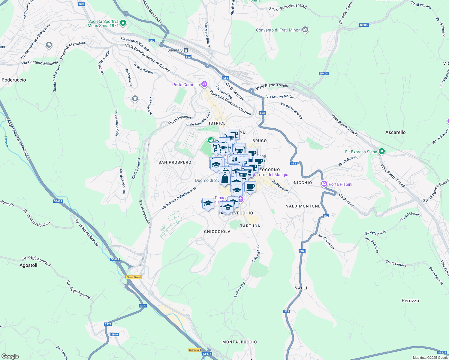 map of restaurants, bars, coffee shops, grocery stores, and more near 5 Via Fusari in Siena