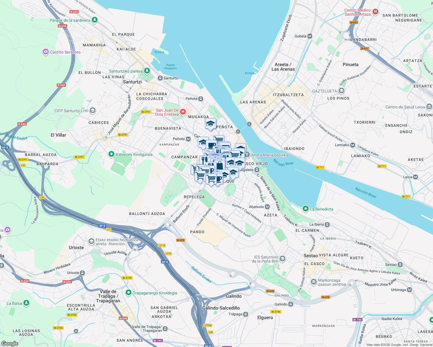 map of restaurants, bars, coffee shops, grocery stores, and more near in Portugalete