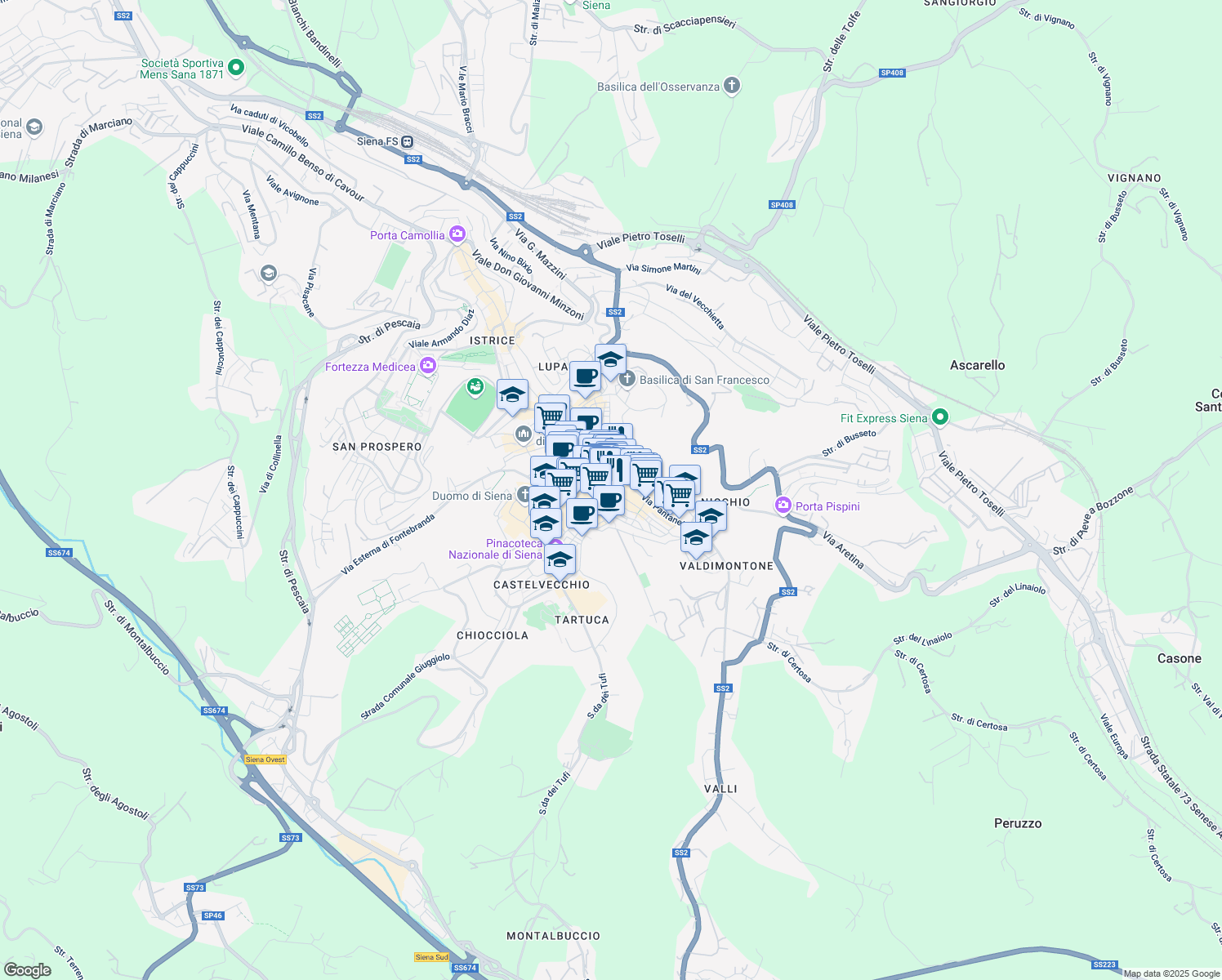 map of restaurants, bars, coffee shops, grocery stores, and more near 31 Via Pantaneto in Siena