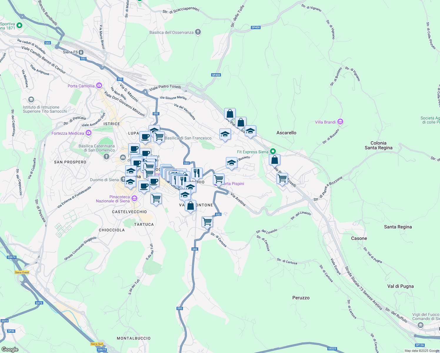 map of restaurants, bars, coffee shops, grocery stores, and more near 4 Via Pietro Formichi in Siena