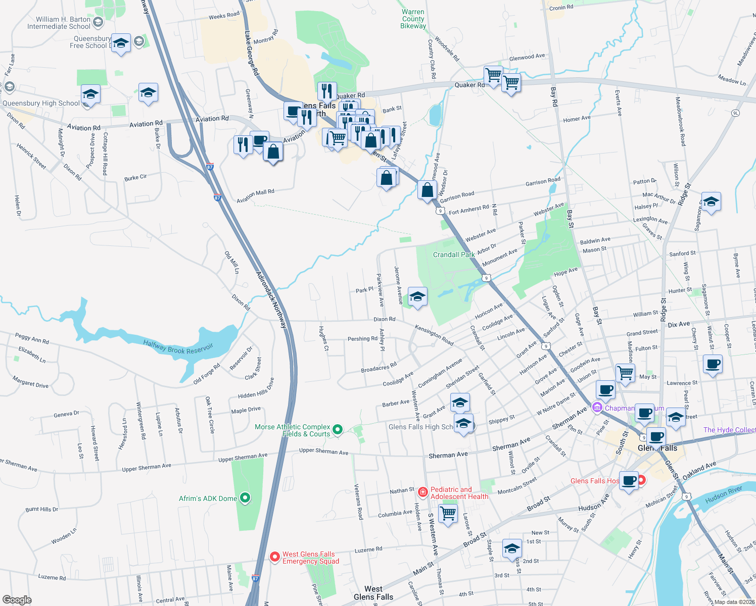 map of restaurants, bars, coffee shops, grocery stores, and more near 12 ParkView Avenue in West Glens Falls